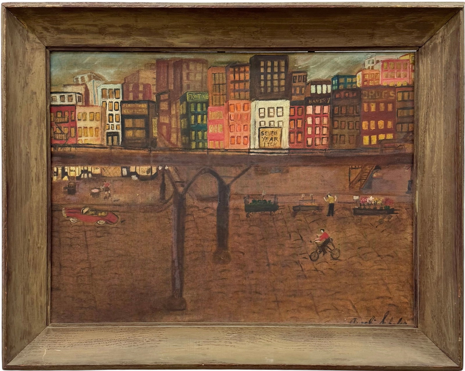 Mid-Century American Folk Art New York City Street Scene Signed Oil On Board (1 of 3)