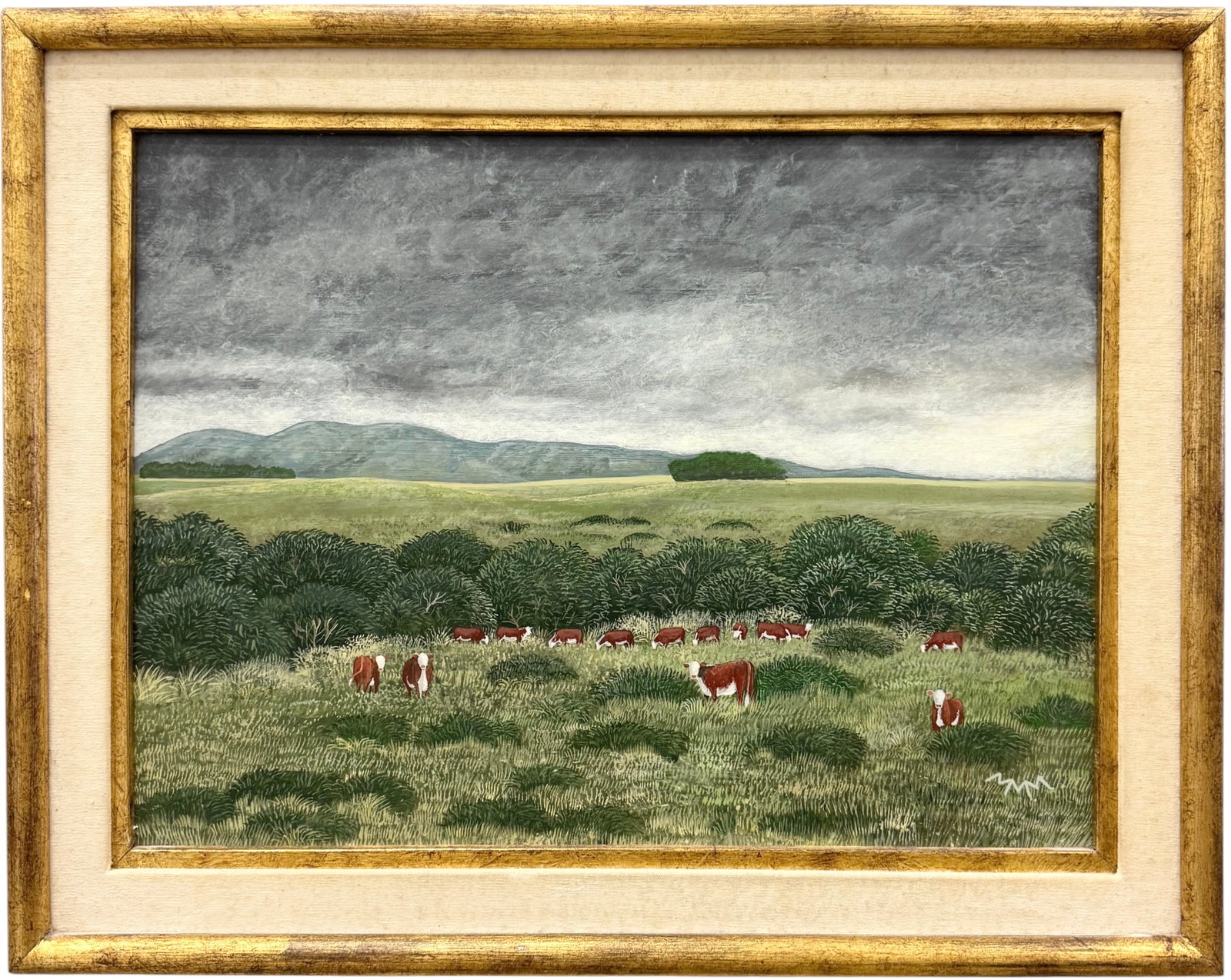 MARTA MINVIELLE DE MARCAIDIA (20th c, Uruguay) San Lucas Ranch: Pastoral landscape with cows. Oil painting on board 16 x 12 in, 19 x 15 in (framed).