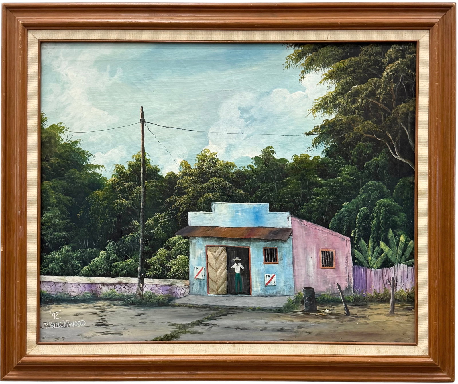 PAUL BLACKWOOD (20th c, Jamaica) Street Scene Dated 1992: Oil painting on canvas 20 x 16 in, 24 x 20 in (framed).