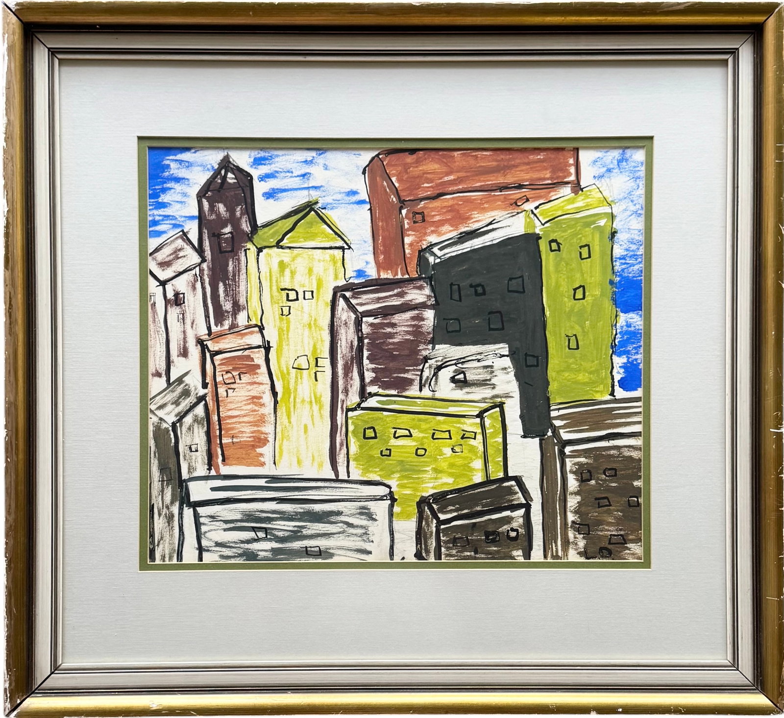 Vintage American Mid-Century Expressionist Cityscape Painting - Signed With Initials: Mixed media 15 x 13 in, 23 1/2 x 21 1/2 in (framed).