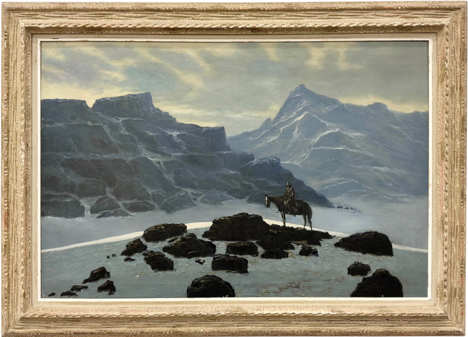 Cowboy in Snowy Landscape Attr to JORGE TARALLO BRAUN (b. 1951, Uraguay): The painting appears to be unsigned. Oil painting on canvas 36 x 24 in, 43 1/2 x 31 1/2 in (framed).