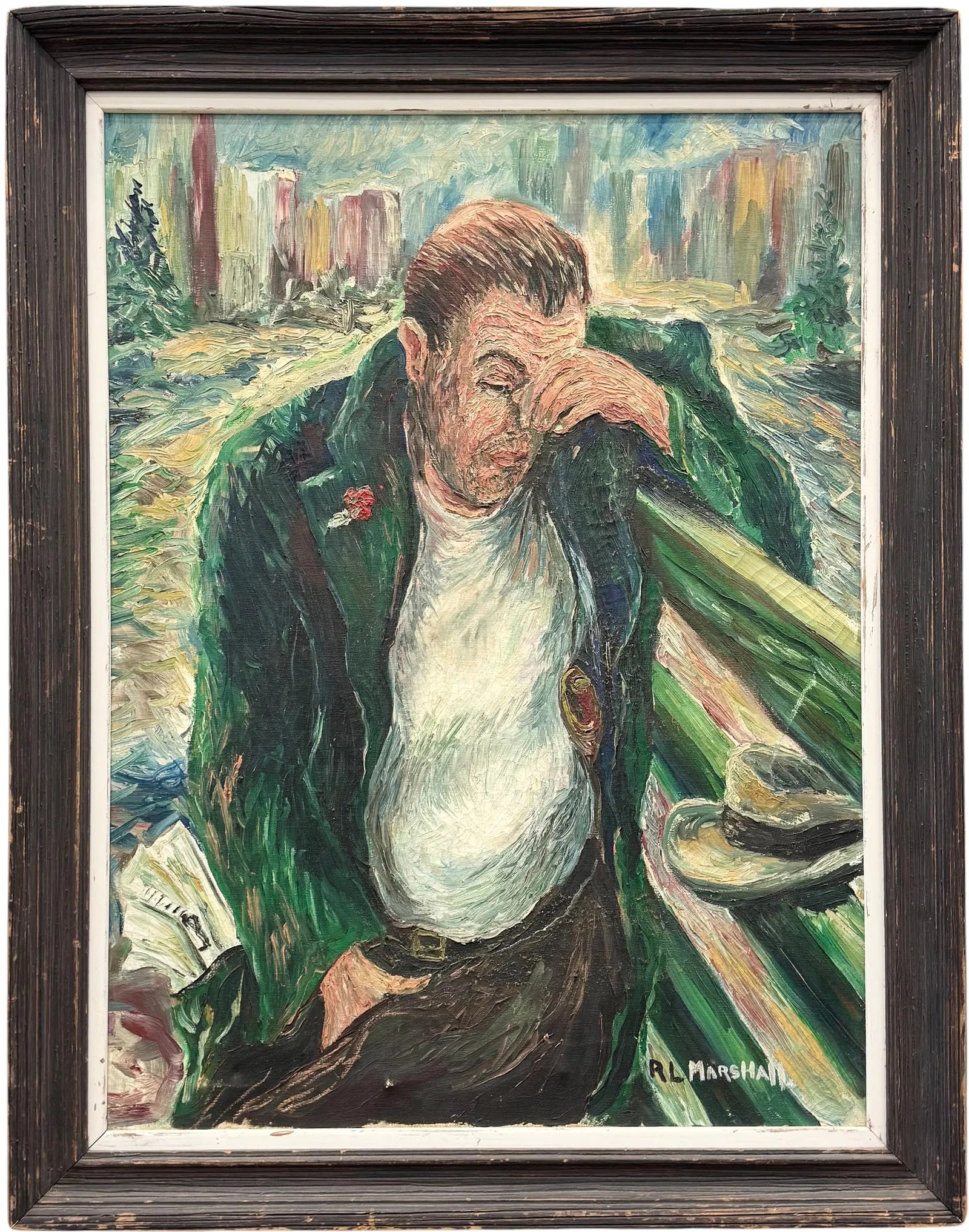 Circa 1940's Expressionist Portrait Of A Man On Park Bench Signed Oil Painting: Oil painting on canvas 32 x 24 in, 37 x 29 in (framed).