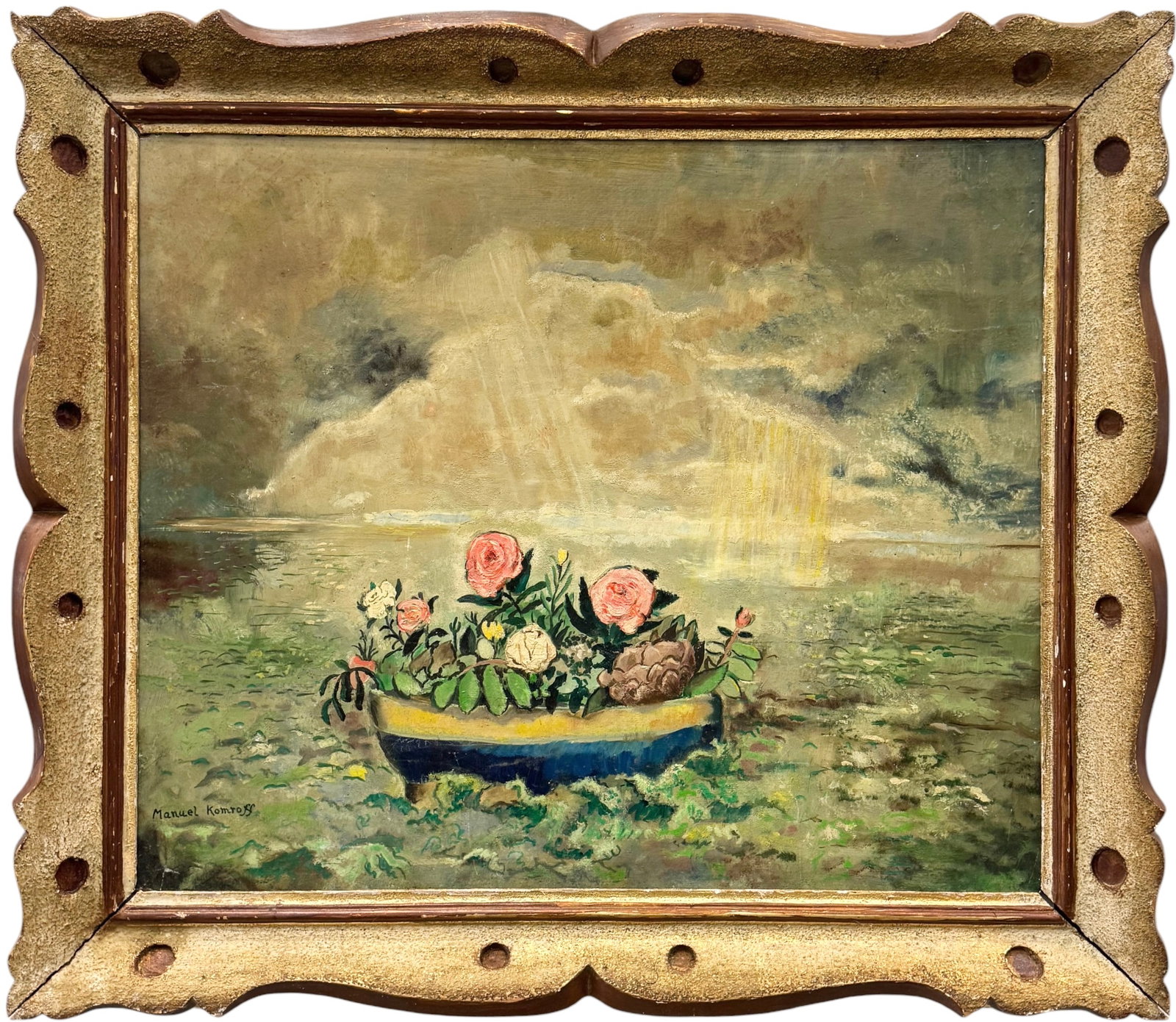 MANUEL KOMROFF (1890-1974, New York) Dreamy Landscape, Surrealist: Oil painting on panel 22 x 18 in, 26 1/2 x 23 1/2 in (framed). While well-known for his literary work—including historical fiction, biographies, and editing classics like The Travels of Marco Polo��