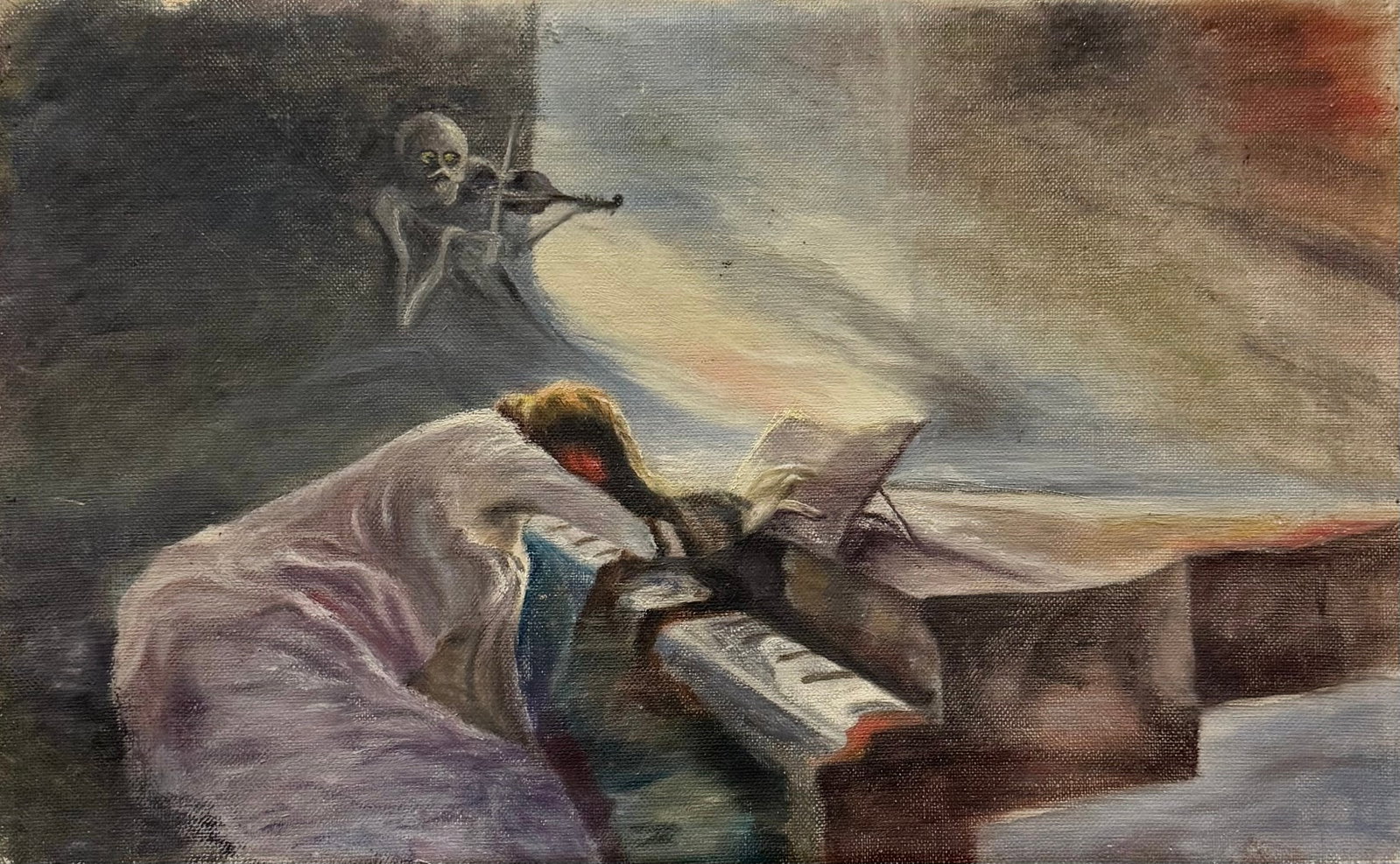 Early 20th Century Symbolist Melancholic Musical Pianist Scene: Oil painting on canvas 16 x 10 in.