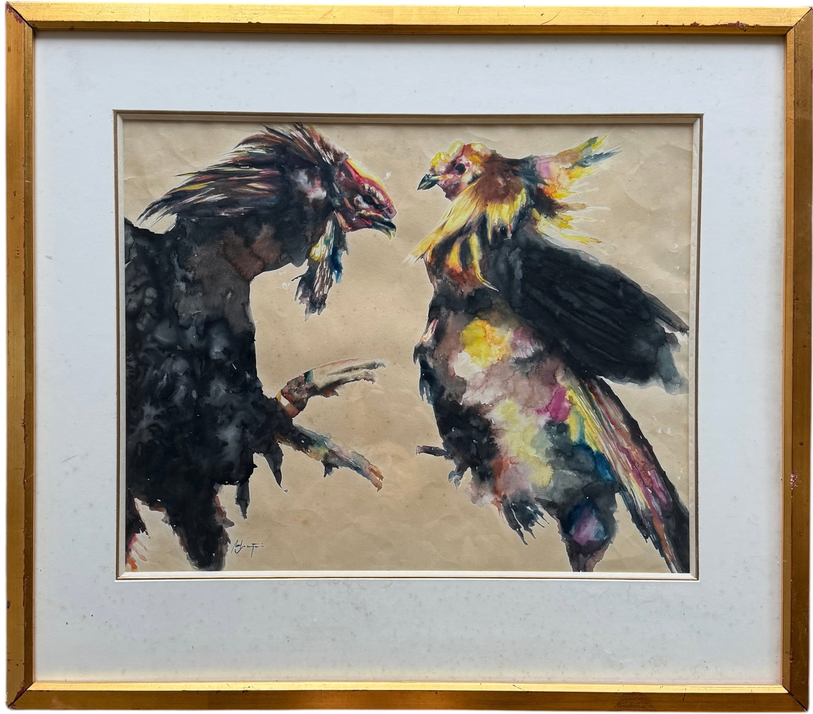 Mid-Century Expressionist Watercolor Painting "Fighting Roosters" Cockfight Framed: Watercolor on paper 24 x 19 in, 34 x 30 in (framed).