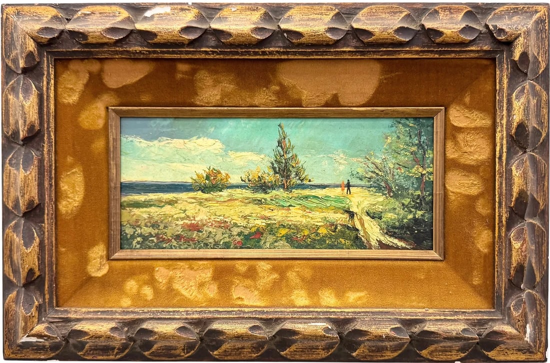 Mid-20th Century American Impressionist Landscape With Figures Signed: Oil painting on board 9 x 4 in, 15 x 10 in (framed)