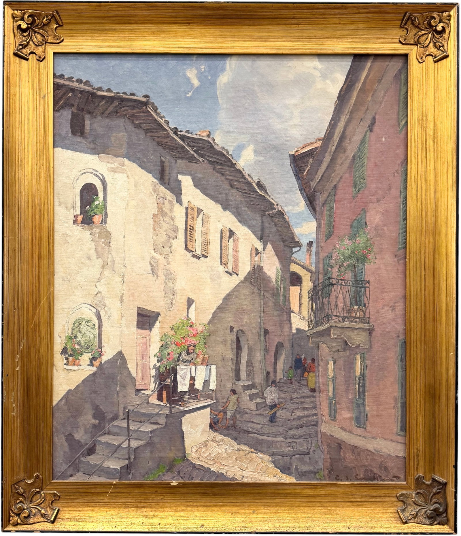 20th Century Sunlit Village Street Scene, Switzerland Signed Painting: Oil painting on canvas 24 x 20 in, 28 1/2 x 24 1/2 in (framed)