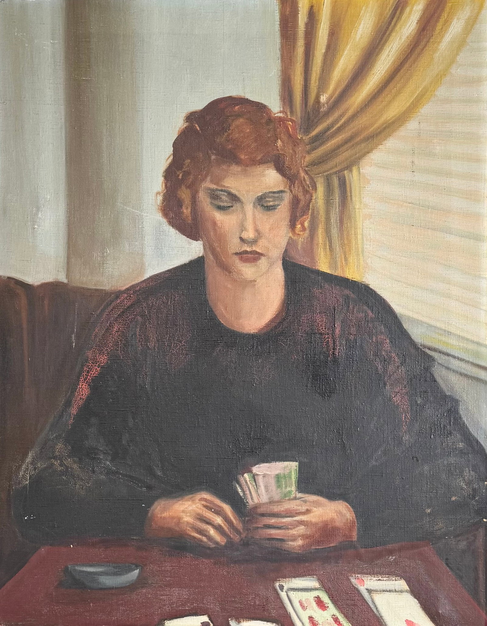 Circa 1930's American School Portrait of a Woman Holding Playing Cards: Oil painting on canvas 28 x 22 in.