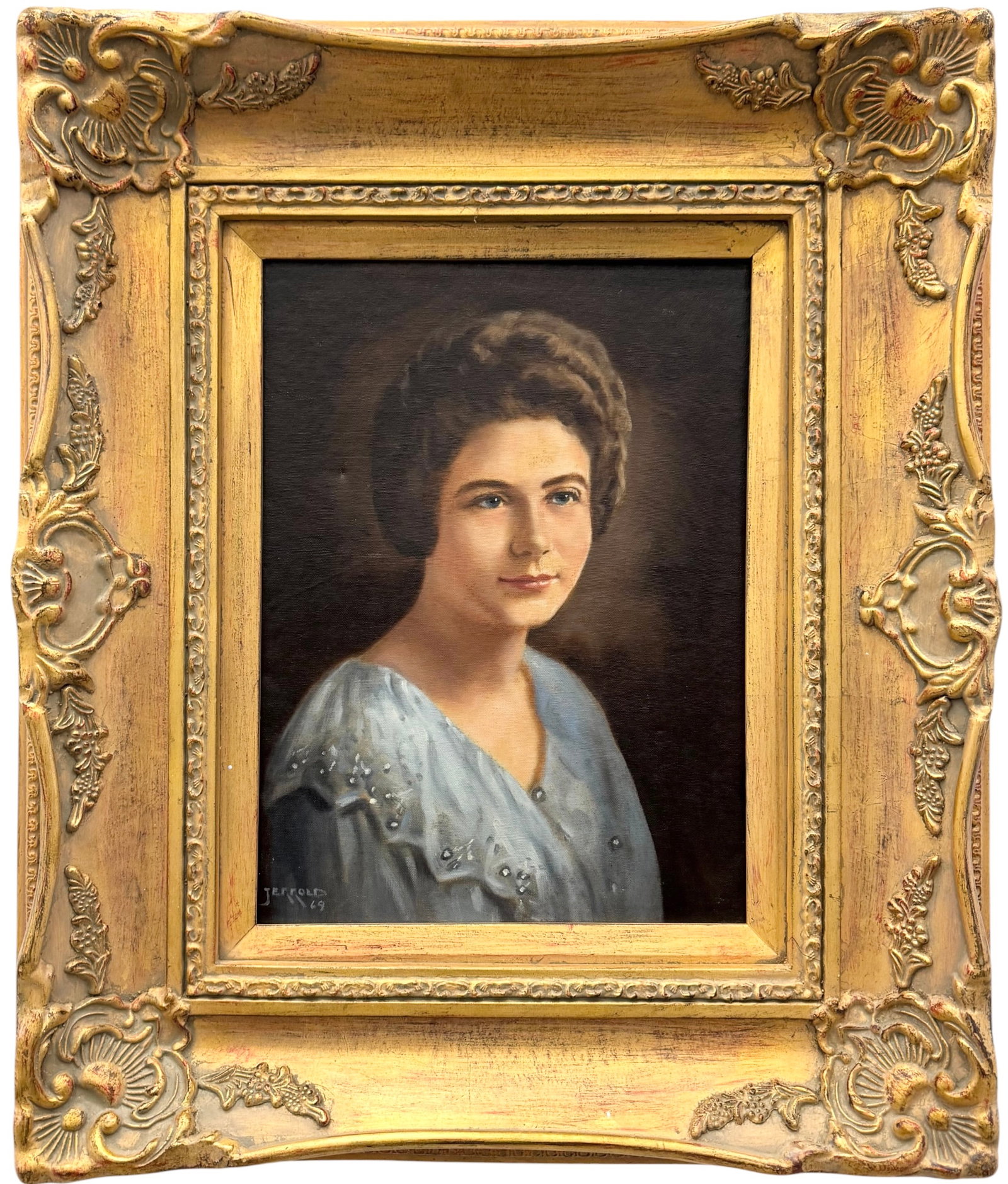 Signed 1969 American Oil on Canvas Portrait of a Woman in Ornate Gilt Frame: Oil painting on canvas 16 x 12 in, 27 x 22 1/2 in (framed)