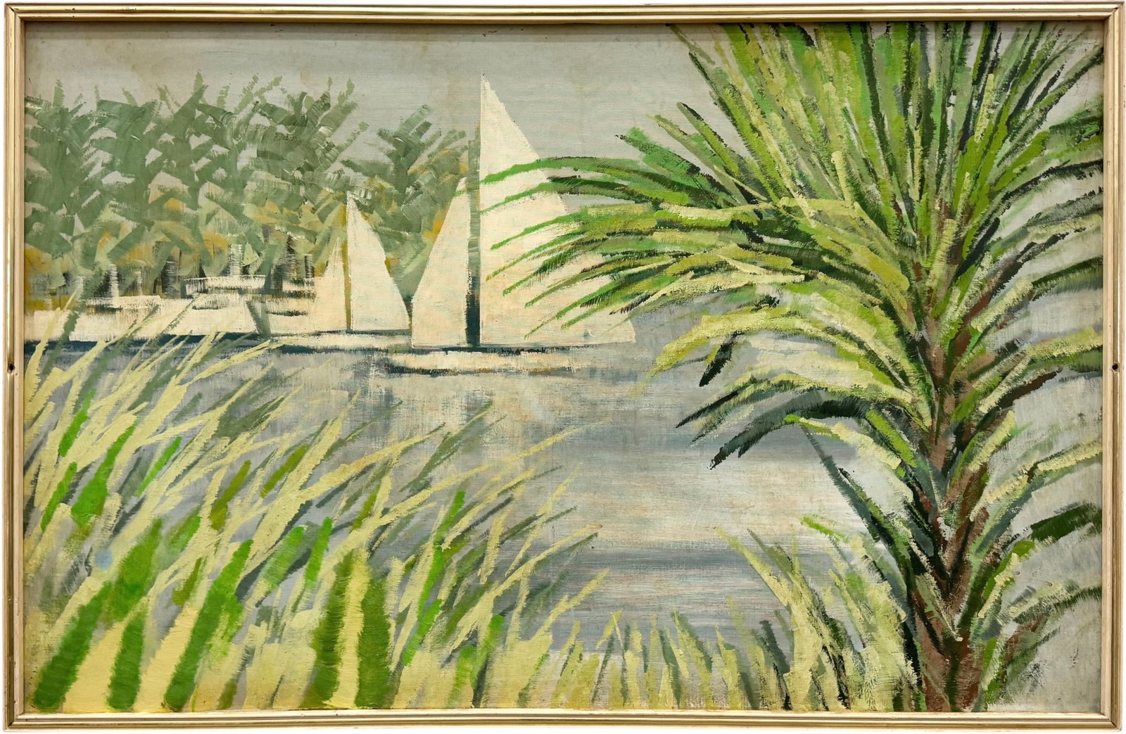 LARGE Mid-20th Century American Florida Coastal Landscape with Palms & Yachts (1 of 2)