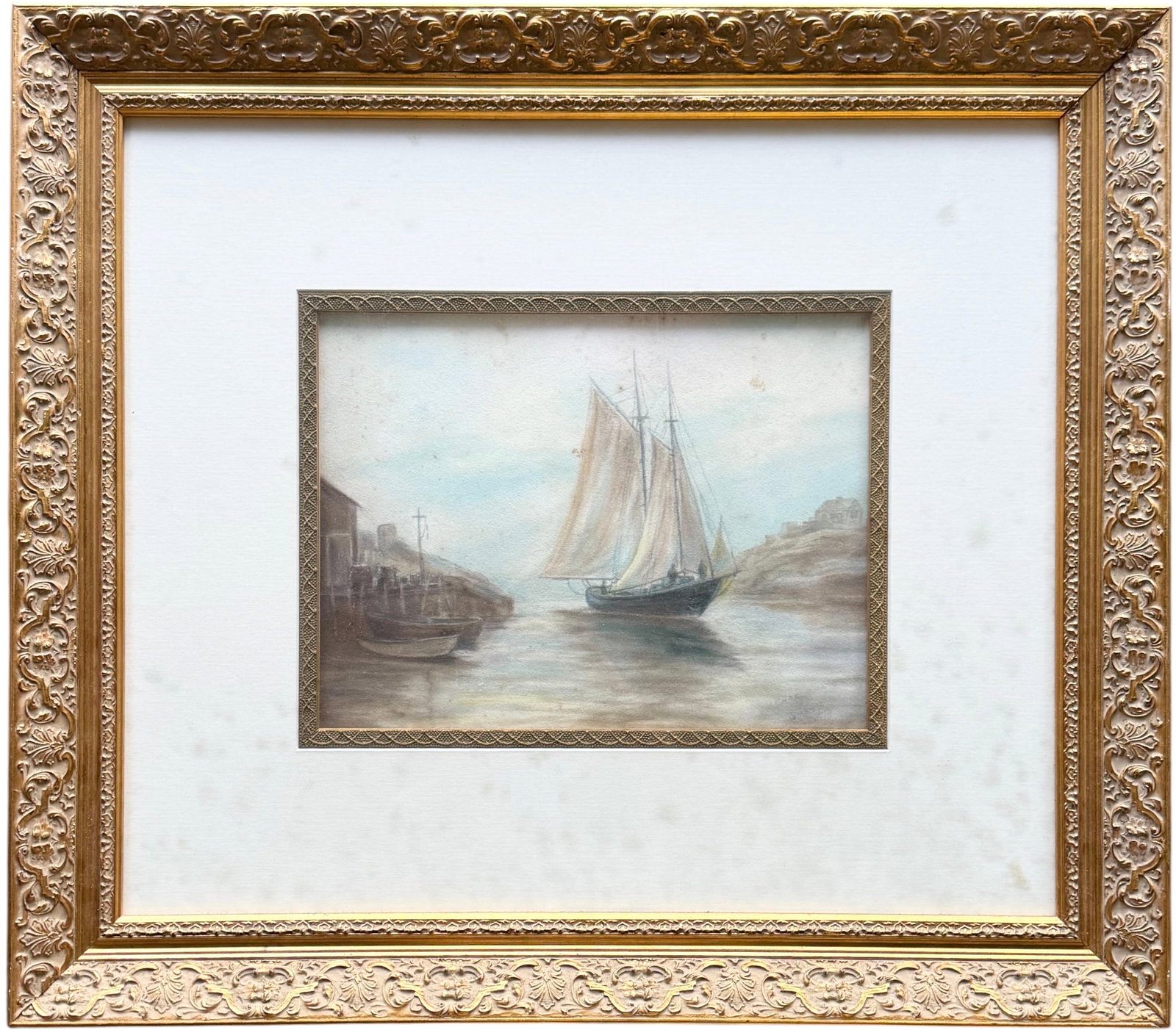 Early 20th C. Coastal Pastel Nautical Scene - Fishing Boats in Gilt Wood Frame (1 of 3)