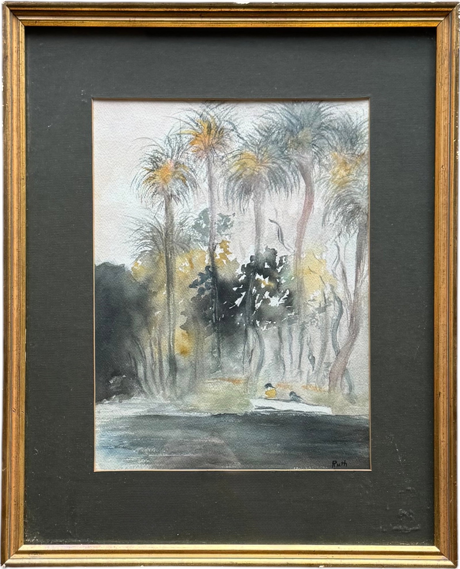Vintage Palm Tree Florida Landscape Watercolor Painting Signed Ruth: Watercolor on paper 21 x 17 in (framed).