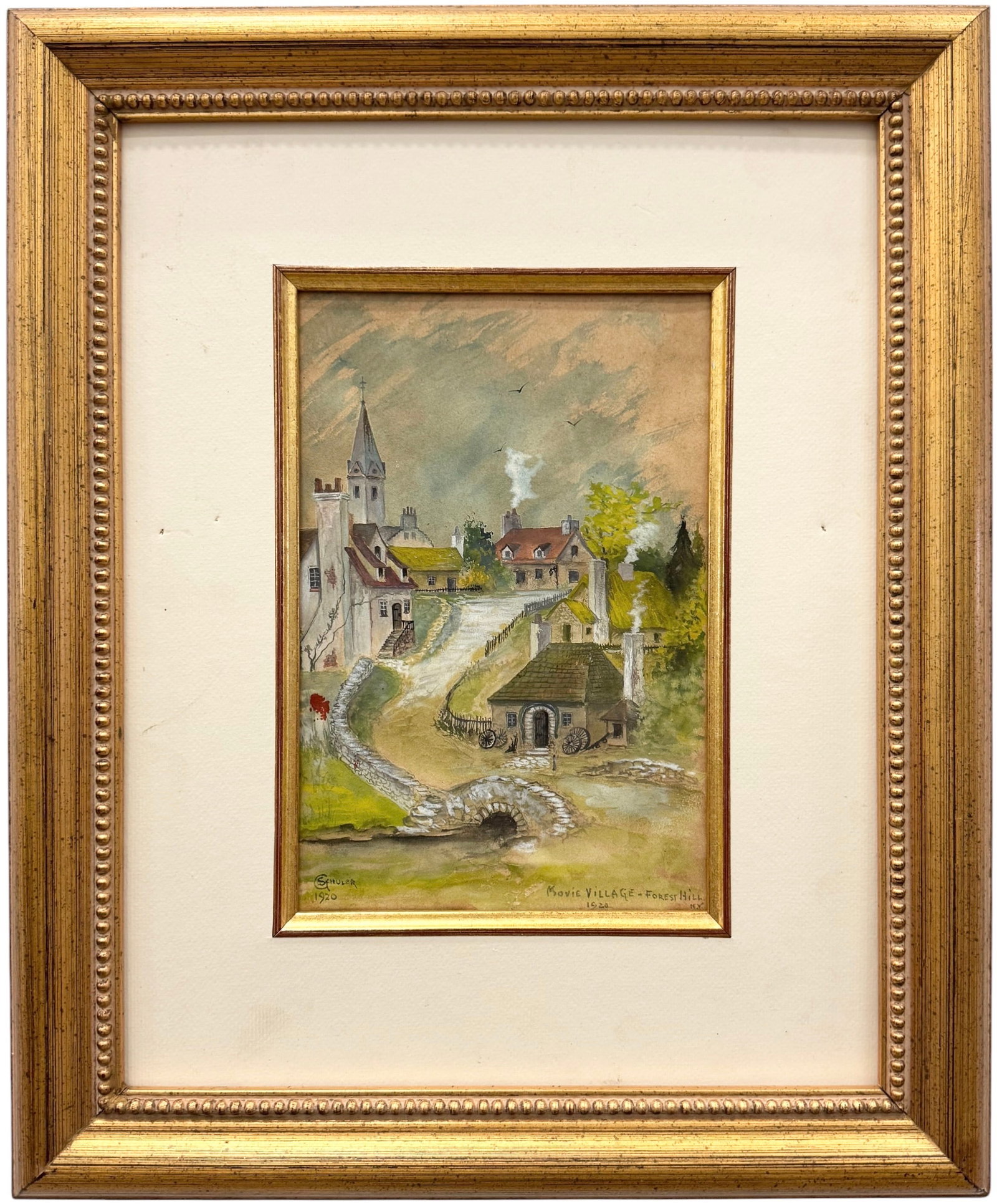 1920 Watercolor Painting Movie Village Forest Hills NY Silent Film Set Art Signed: Watercolor on paper 8 1/2 x 5 1/2 in, 16 x 13 1/2 in (framed).