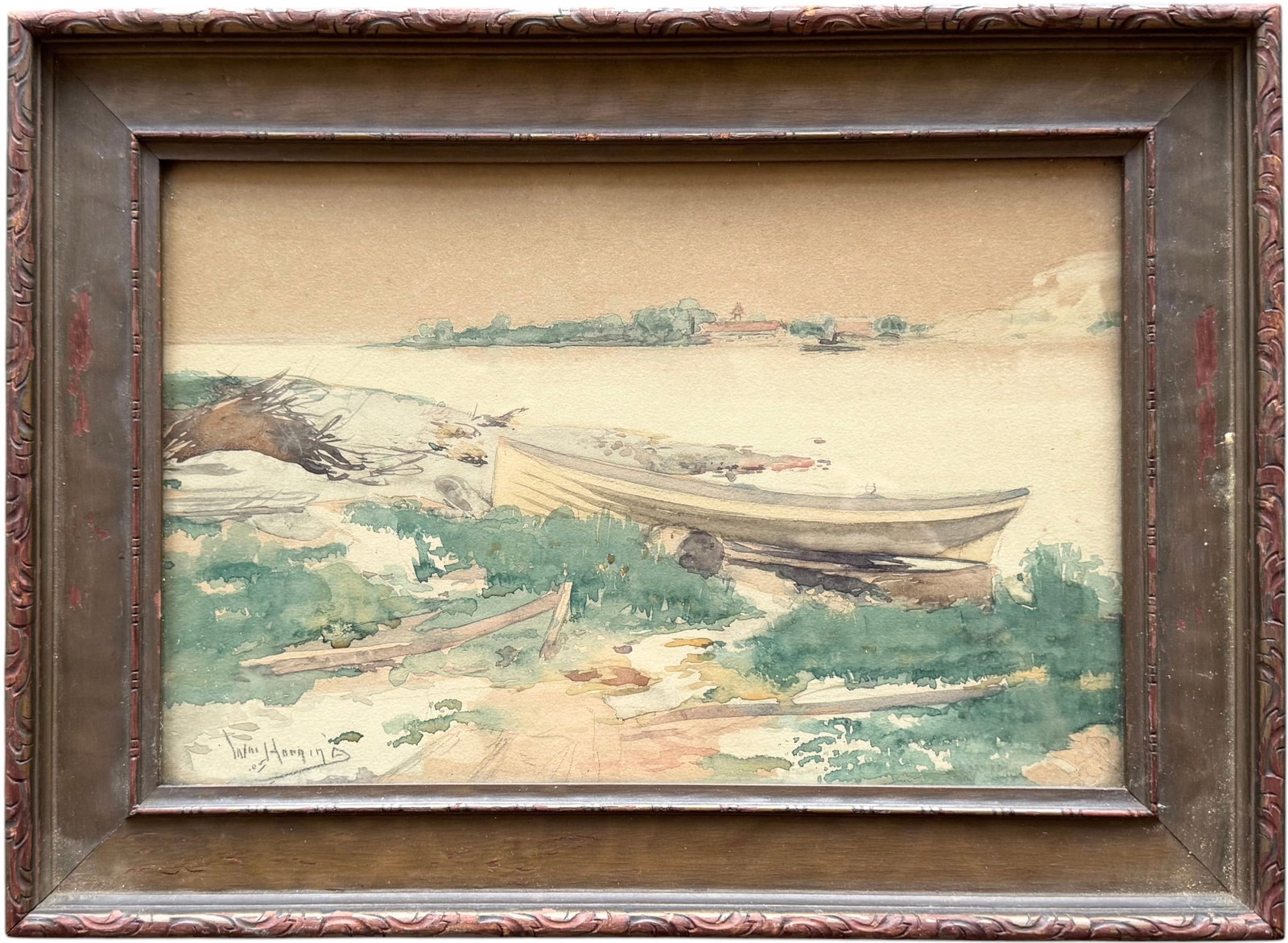 Antique Watercolor Painting Signed Wm Horning Cleveland Artist Coastal Boat Scene: Watercolor on paper 13 x 9 1/2 in (framed)