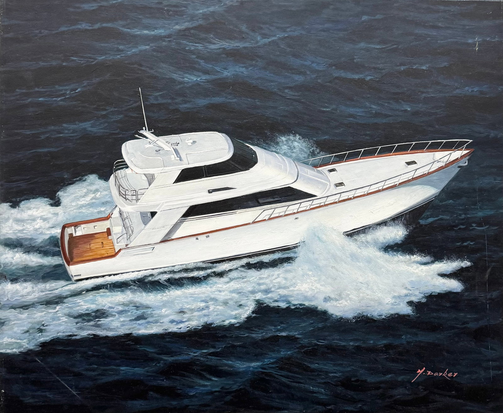 H. Parker Signed Marine Oil Painting Enclosed Bridge Sportfish Yacht (1 of 3)