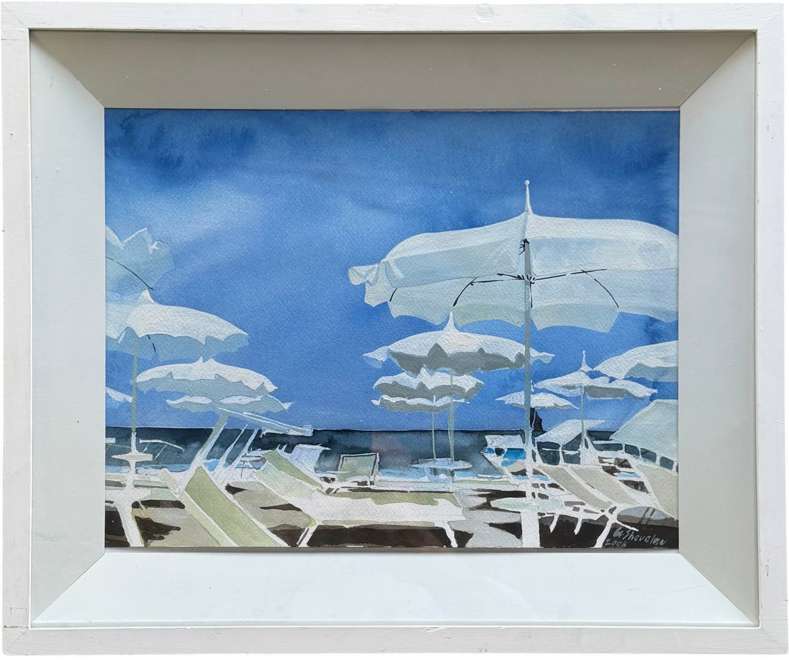 Nicely Framed Florida Beach With Umbrella Signed Shevelev, Watercolor: Watercolor on paper 17 1/2 x 15 in (framed).