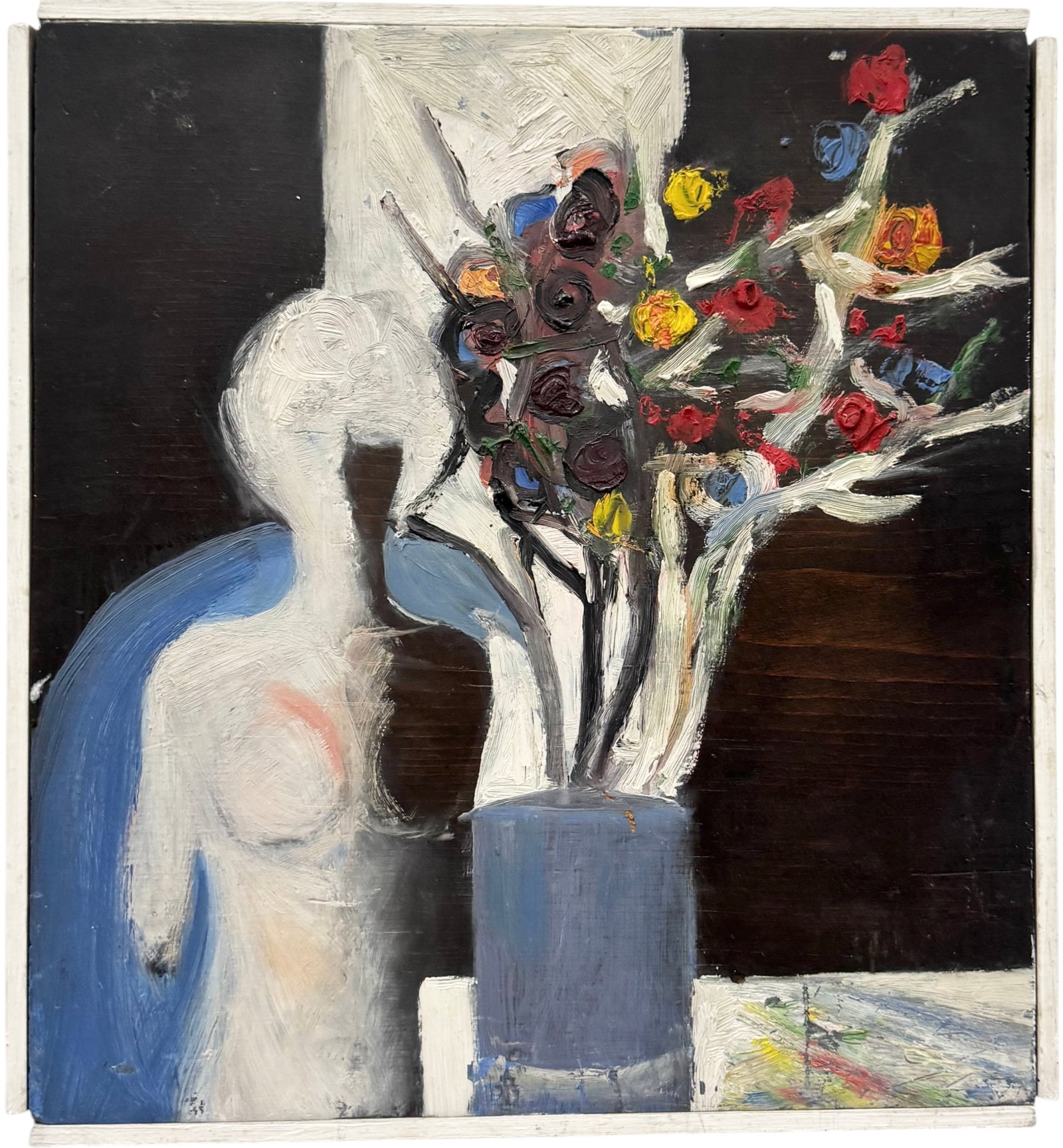 Mid-Century Modern Expressionist Floral and Figurative Composition: Oil painting on board 11 1/2 x 11 1/2 in