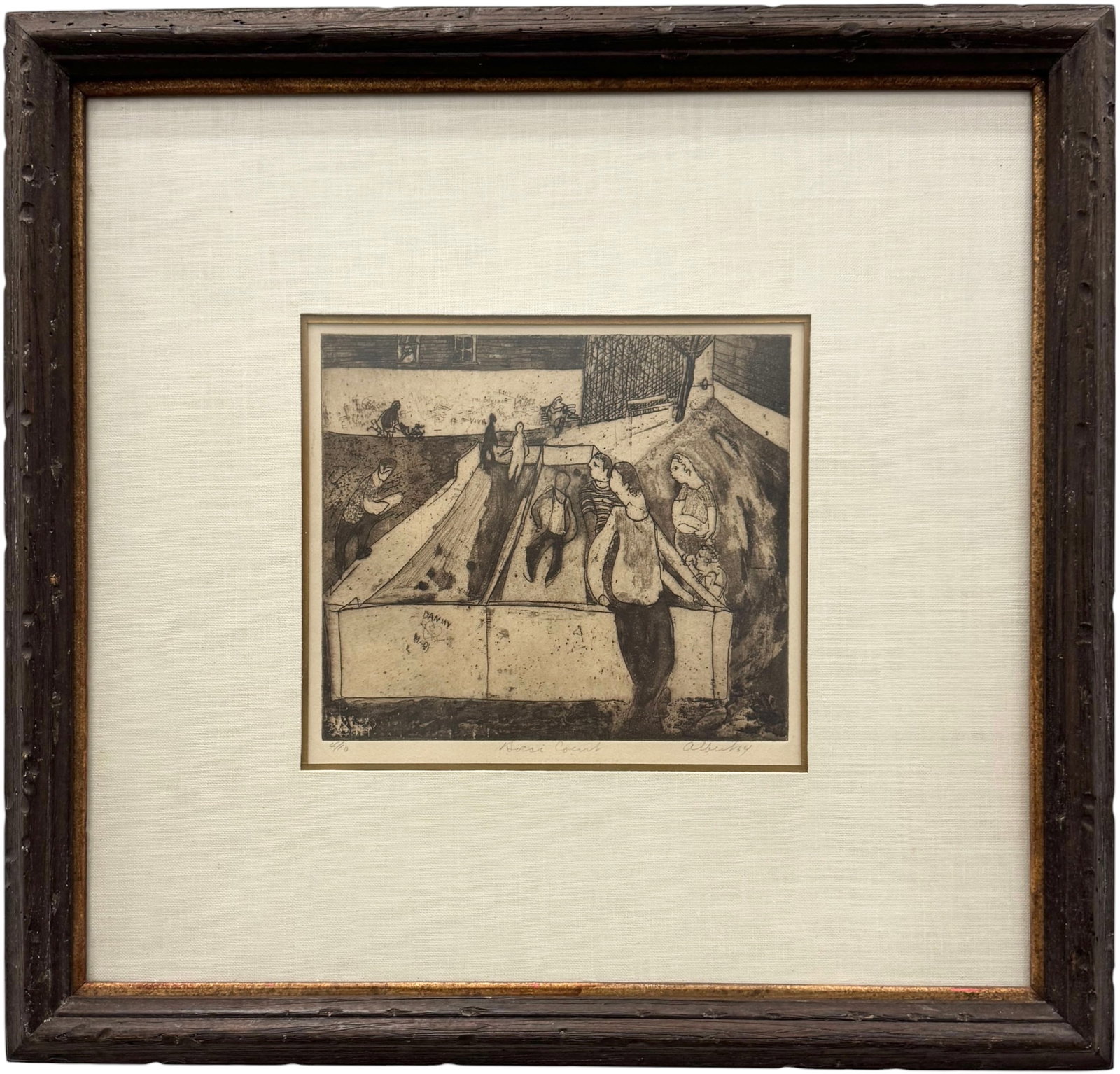 Nicely Framed Vintage Mid Century Modern 1954 Pencil Signed Etching "Bocci Court": 8 7/8 x 7 7/8 in, 20 1/2 x 19 1/2 in (framed)