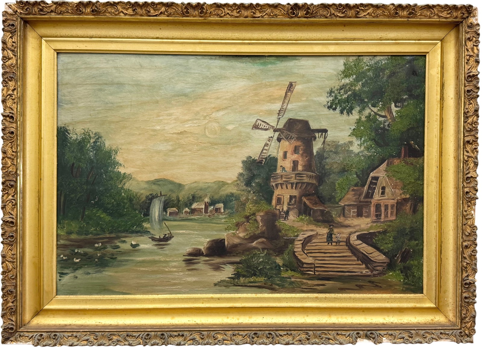 19th Century Continental School, Windmill In River Landscape Oil On Academy Board (1 of 3)