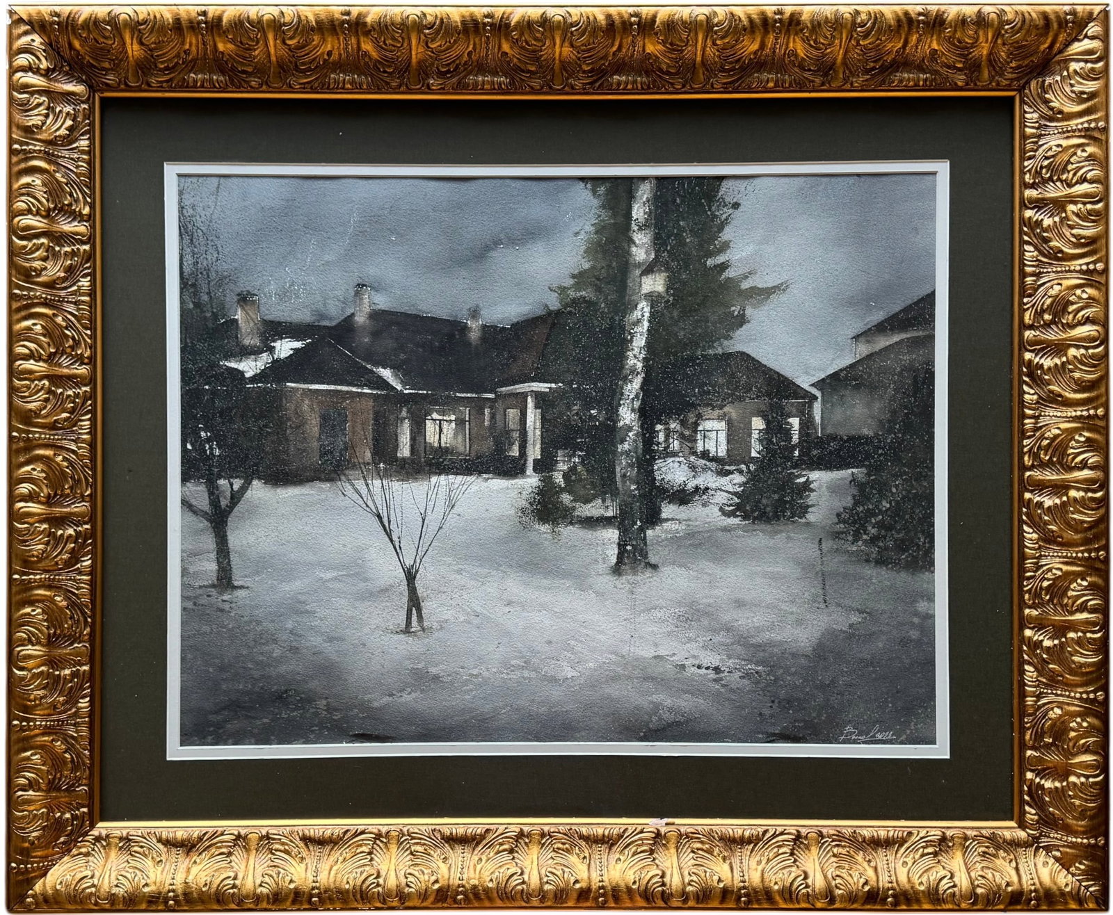 Igor Volkov (b. 1961, Russian) Original Winter Landscape Watercolor: Watercolor on paper 27 1/4 x 20 1/4 in, 38 3/4 x 31 3/4 in (framed).