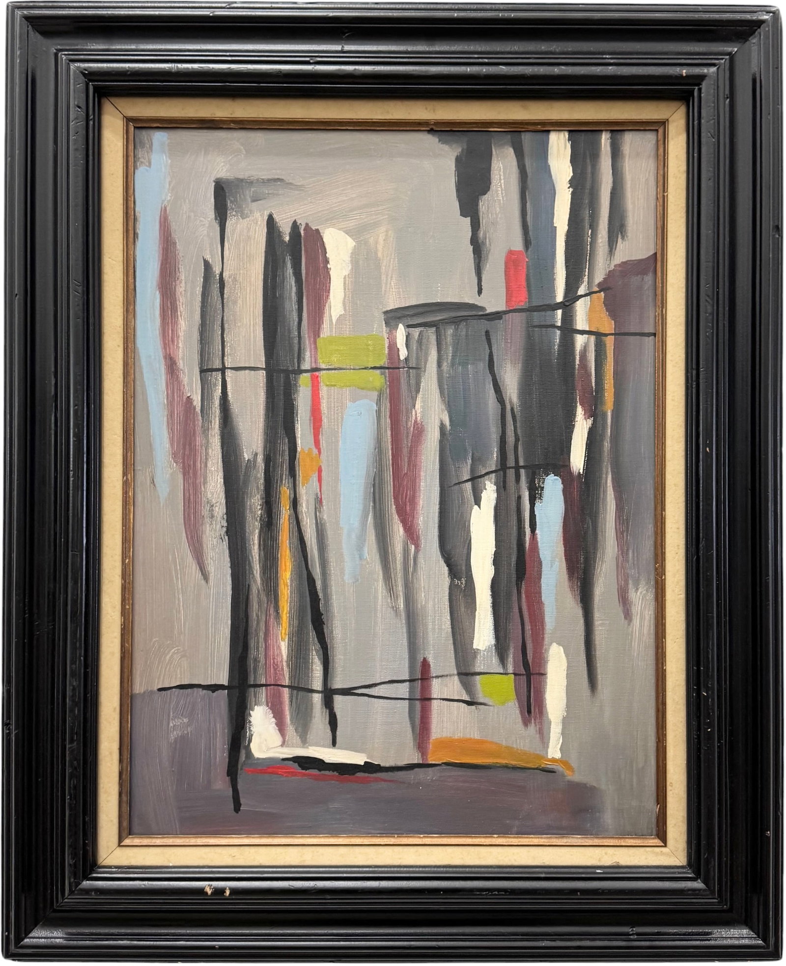 Vintage 20th Century Moody Slate Gray & Multi-Color Abstract Expressionsit Painting: Acrylic painting on canvas 24 x 18 in,32 x 26 in (framed)