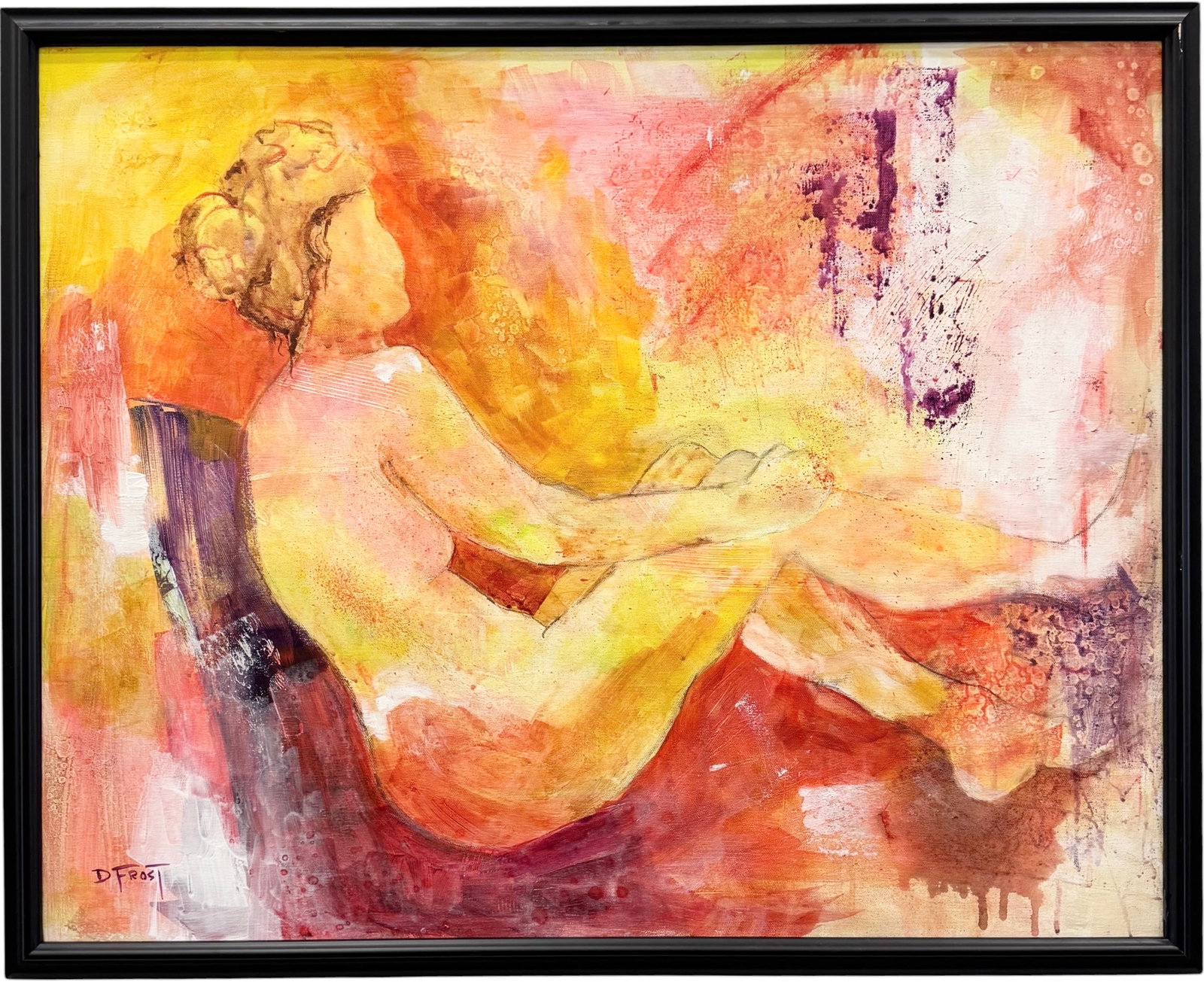 Seated Nude in Warm Tones, Figurative Mixed Media Composition: Acrylic painting on canvas 32 x 26 in