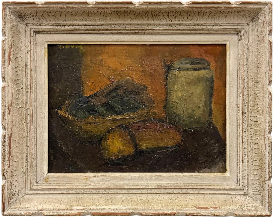 Mid-20th C. Iranian Post-Impressionist Still Life Oil Painting Info Verso: Oil painting on canvas 13 x 9 1/2 in, 17 1/2 x 14 in (framed).