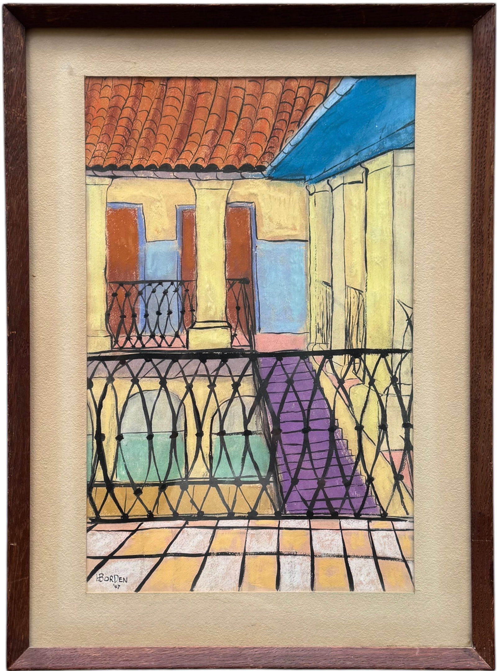 Mid-Century Modern American Courtyard Scene Signed 1947 (1 of 3)