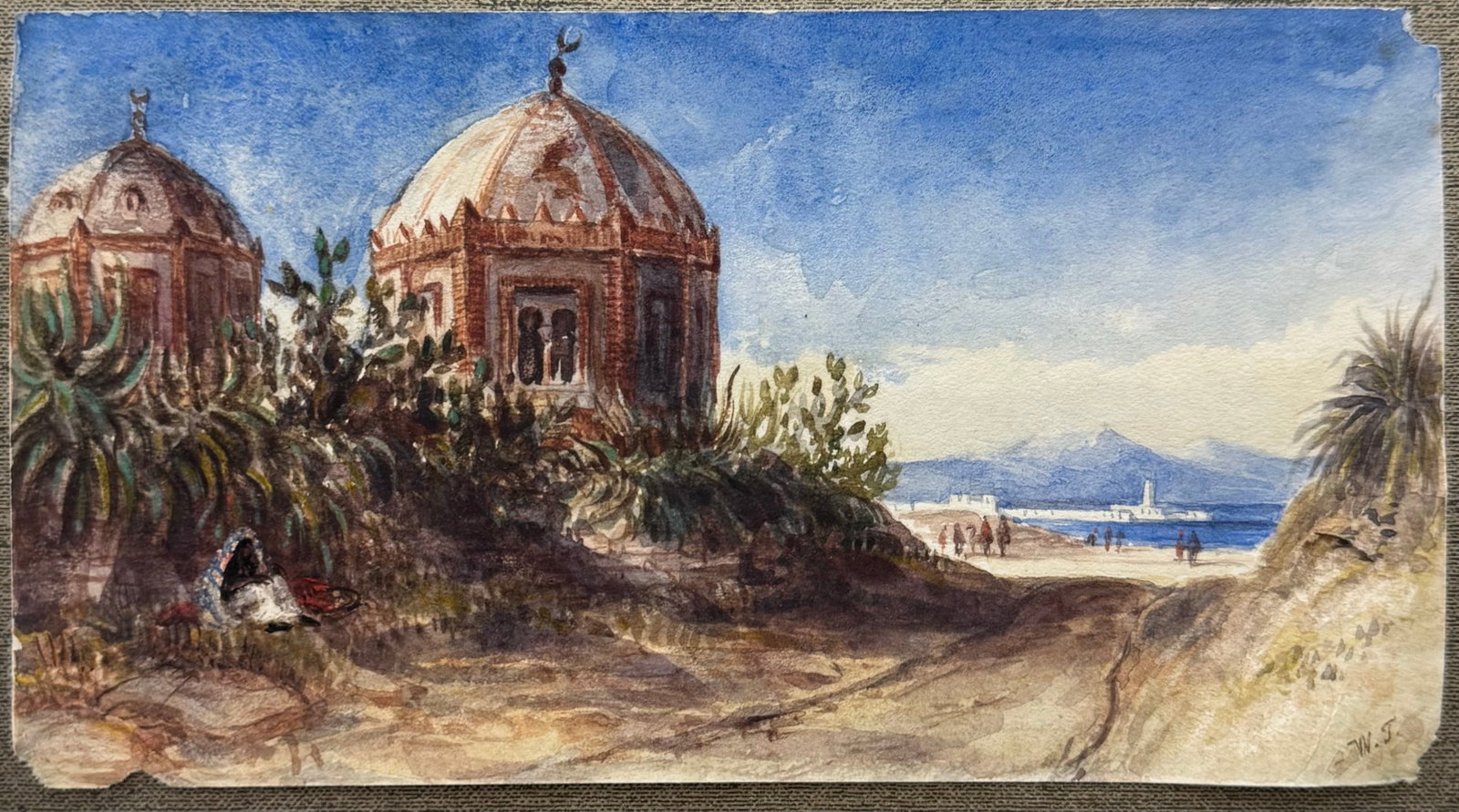 19th Century Orientalist Coastal Landscape with Marabouts and Figures, Monogram JW: Watercolor on paper 6 7/8 x 3 7/8 in.