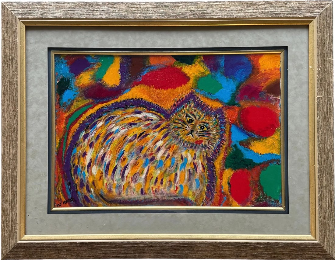 Large Contemporary Stylized Expressionist Cat Painting Signed MJ MYERS: Acrylic 43 1/2 x 33 1/2 in (framed).