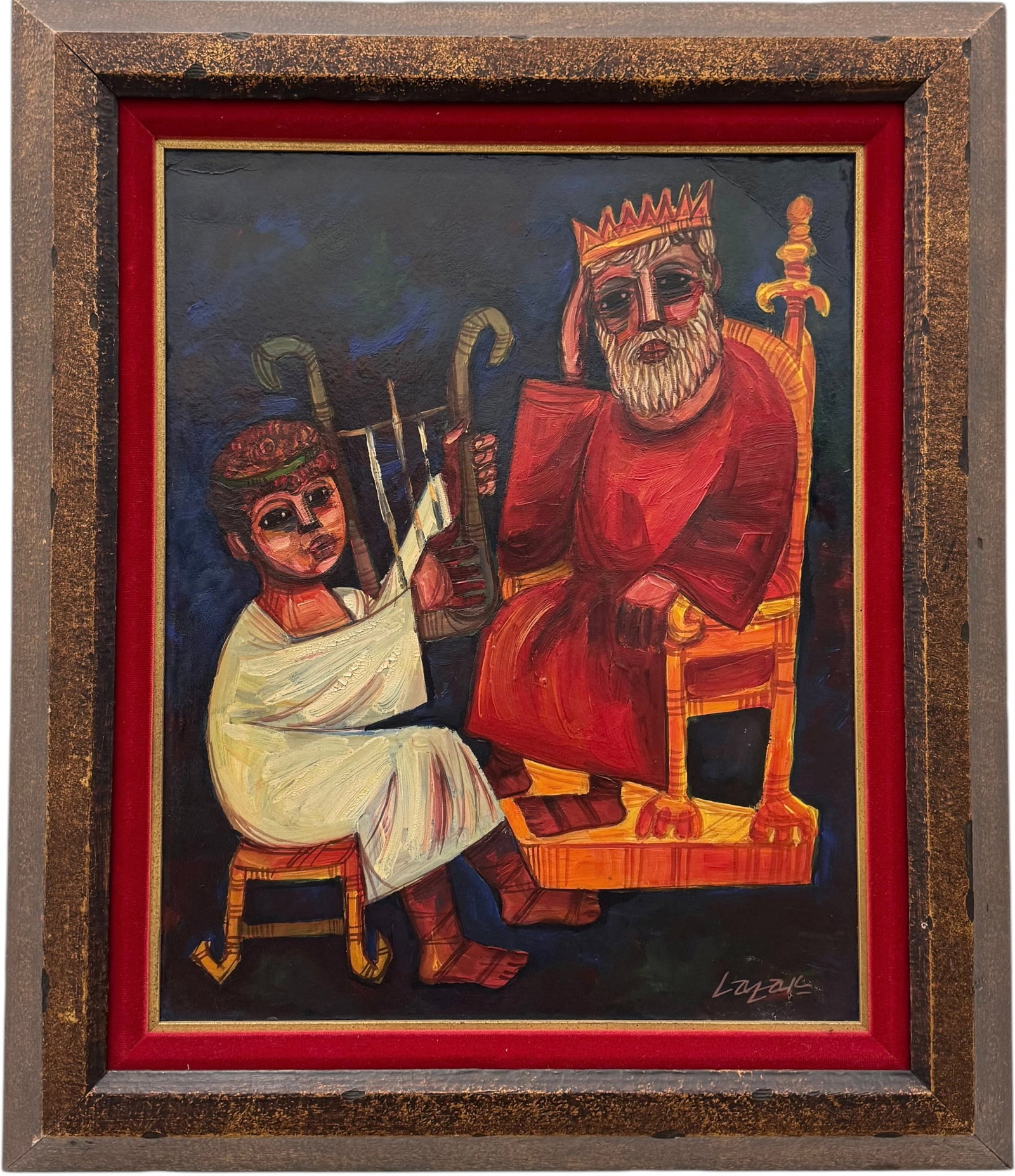 MORRIS LAZAR (b. 1927, Israeli) Young David and King Saul: Oil painting on canvas 20 x 16 in, 27 x 23 in (framed).