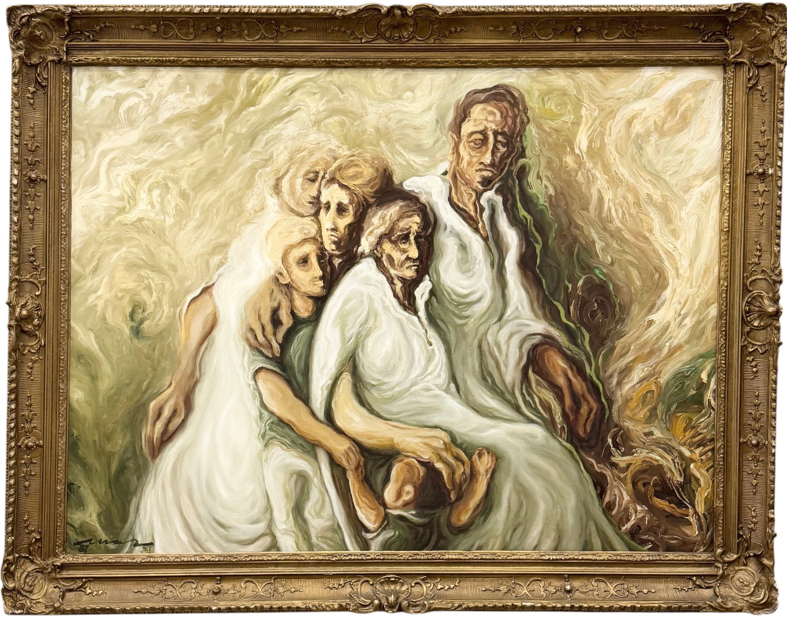 Large Vintage Figurative Expressionist Painting Signed Oil On Canvas: Oil painting on canvas 48 x 36 in, 54 1/2 x 42 1/2 in (framed).
