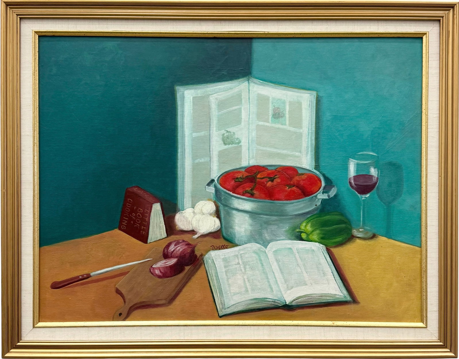 Mid-Century Oil on Canvas Kitchen Still Life Signed Dimello: Oil painting on canvas 24 x 18 in, 28 x 22 in (framed)