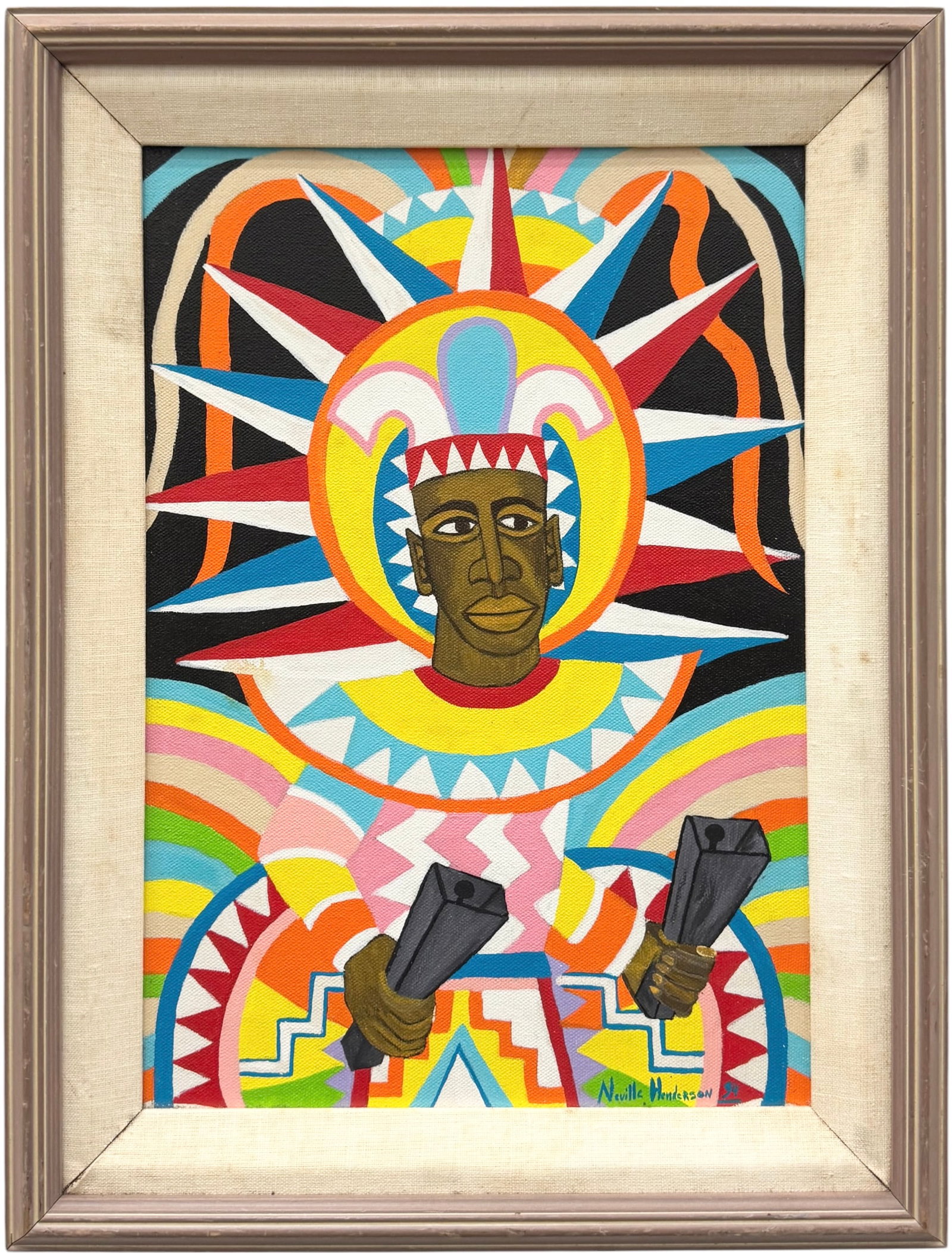 Neville Henderson (20th Century), Cubist Bahamian Junkanoo Dancer with Cowbells: Oil 14 x 11 in