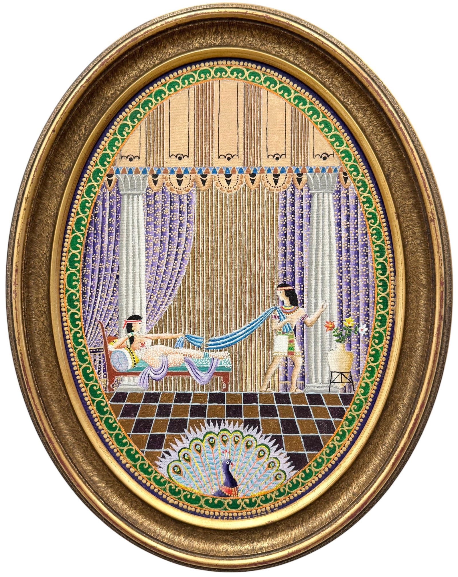 Art Deco Egyptian Revival Stylized Mythological Court Scene in Gilt Oval Frame (1 of 2)