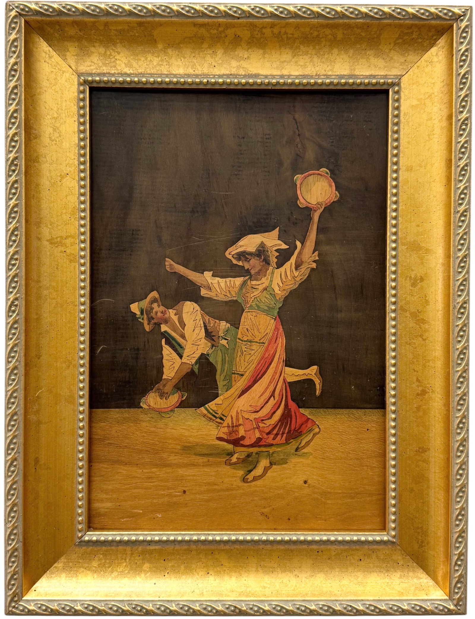 Italian Sorrento Ware Inlaid Wood Plaque Depicting Dancers (1 of 2)