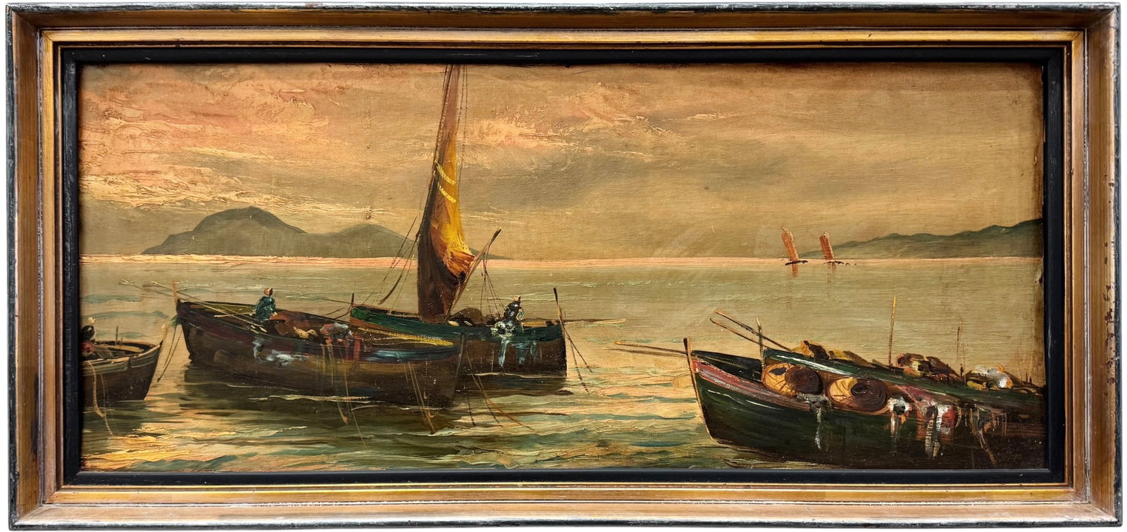 20th c Italian School Neapolitan Coastal Scene with Fishing Boats, Oil Painting (1 of 2)