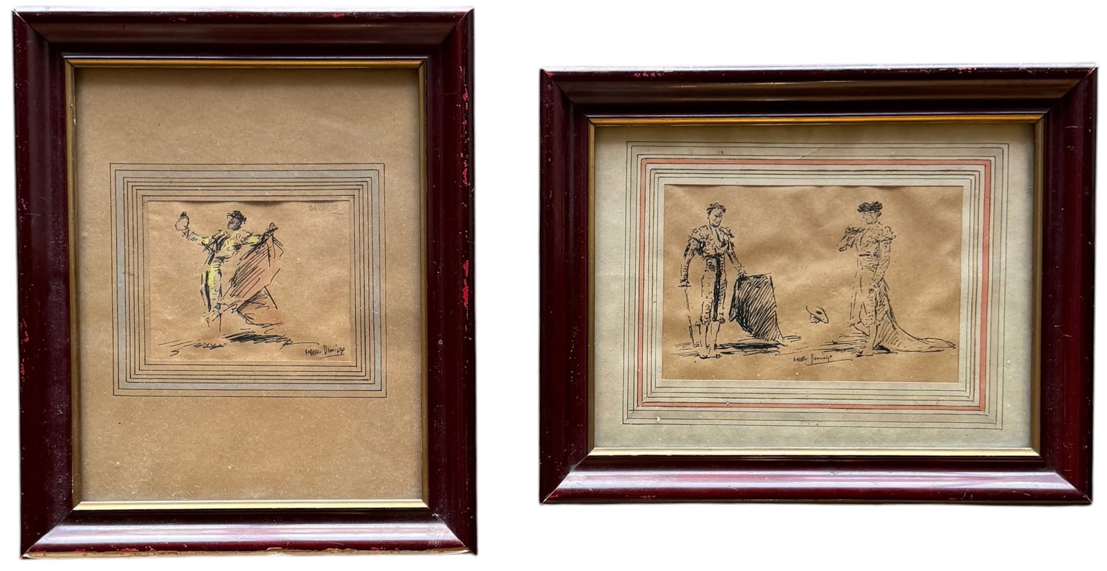 Pair Framed Roberto Domingo (1883-1956) Spanish Matador Ink Sketches: Ink and wash 11 1/2 x 9 in (framed). Born in Paris to a family of Spanish painters, Roberto Domingo became famed as the definitive pictorial interpreter of the Spanish bullring. His quick ink, wash, a