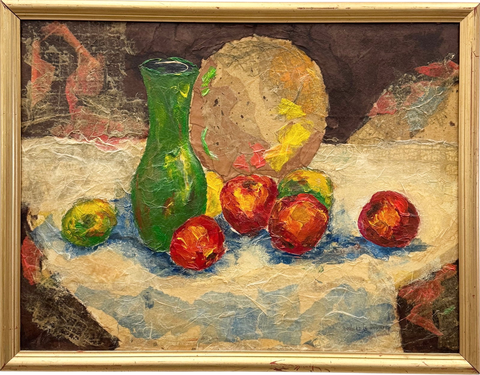 Post-Impressionist Style Still Life with Fruit and Vase, Signed Collage Painting (1 of 3)