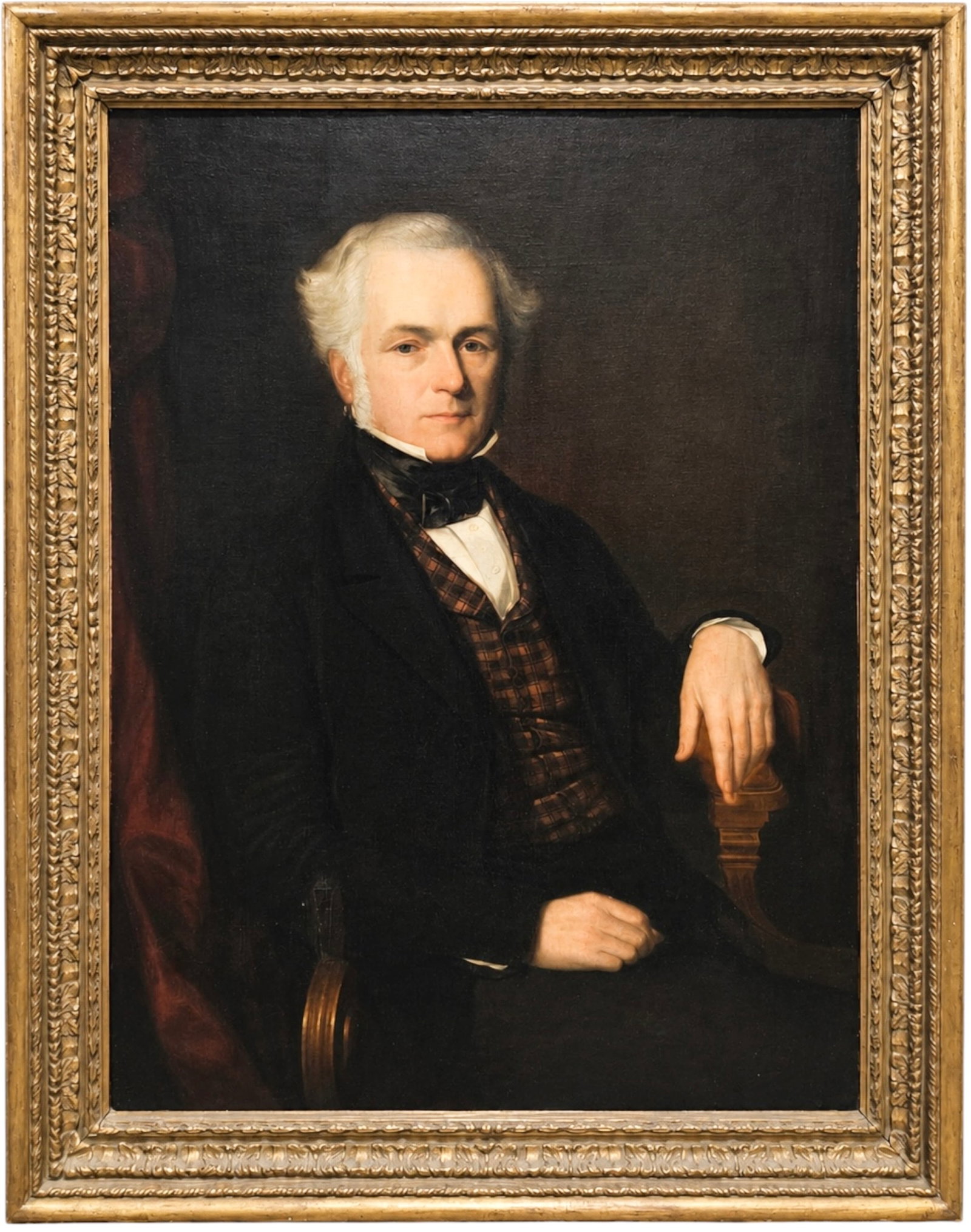Large 19th C American School Portrait Of A Distinguished Gentleman, Oil On Canvas 45": Oil painting on canvas 29 x 42 in, 35 1/2 x 45 in (framed). Circa mid 19th century. This painting came out of an estate in New Jersey. Unknown sitter, unknown artist. Handsome sitter in a substantial 