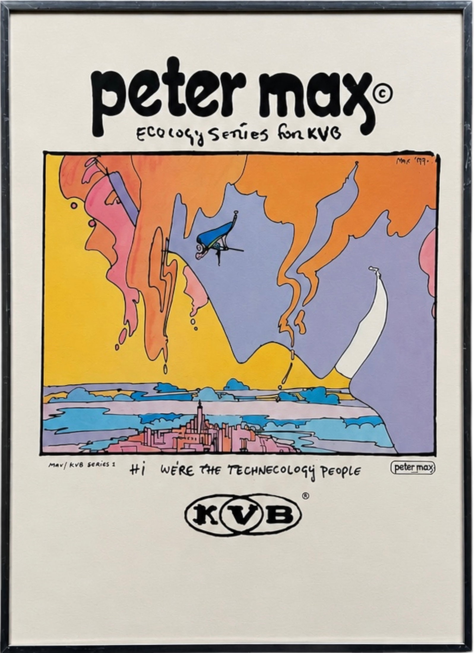Peter Max (b. 1937) "Ecology Series for KVB" Vintage Poster, 1977: 26 1/2 x 19 1/2 in. Kulicke frame. This is an original vintage offset lithograph poster from 1977 titled Ecology Series for KVB (Series 1) by the iconic German-American pop artist Peter Max.