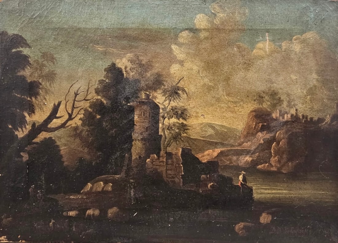 17th/18th C. Old Master Italianate Landscape With Ruins Oil Painting: Oil painting on canvas 17 1/2 x 25 in. It appears to be signed and dated in the lower right. The date looks like 16..? So this is possibly 17th century but could also be later so please use your judge