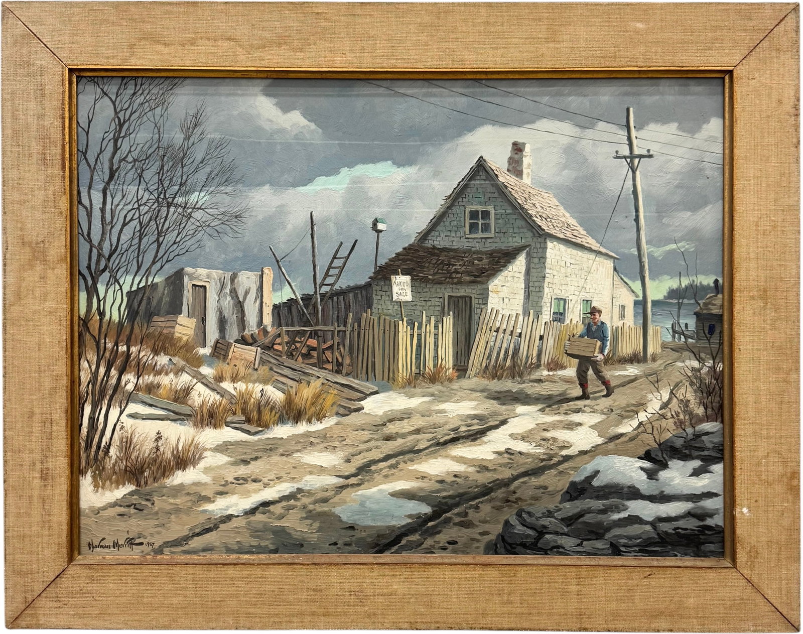 NORMAN ROME MERRITT (1916-1994, Maine) Regionalist Coastal Scene, 1957: Oil painting on board 24 x 18 in, 28 1/2 x 22 1/2 in (framed). Norman Rome Merritt (American, 1916–1994) was a highly regarded New England painter and etcher. He studied as a life member at the Art 