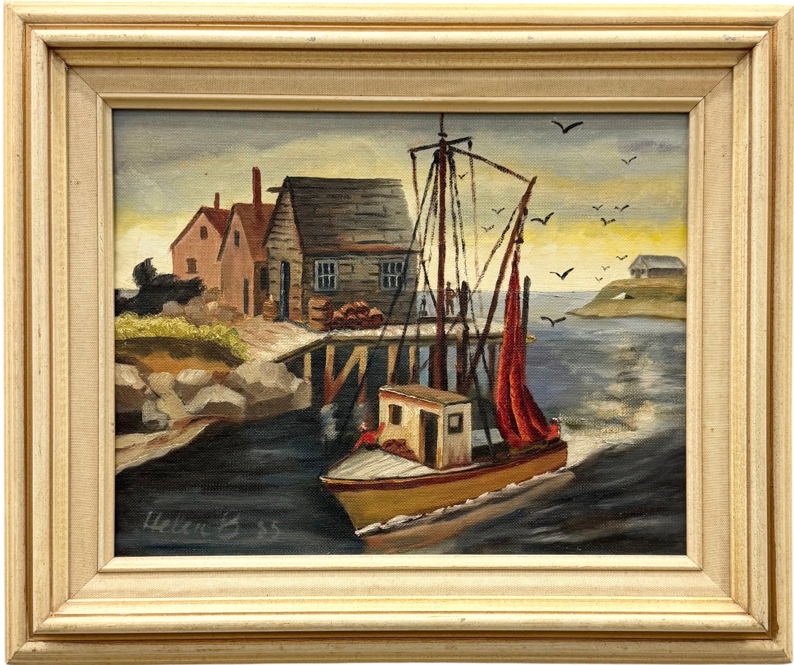 Vintage American Regionalist Harbor Scene Signed Oil On Board (1 of 3)