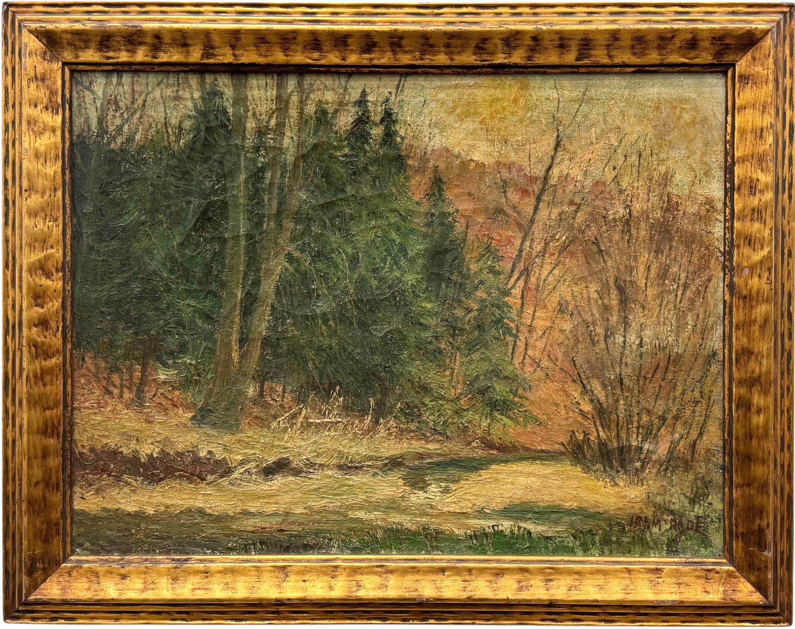 19th Century Signed American Impressionist Forest Landscape In Gilt Tiger-Stripe Frame: Oil painting on canvas 24 x 18 in, 28 1/2 x 22 1/2 in (framed)