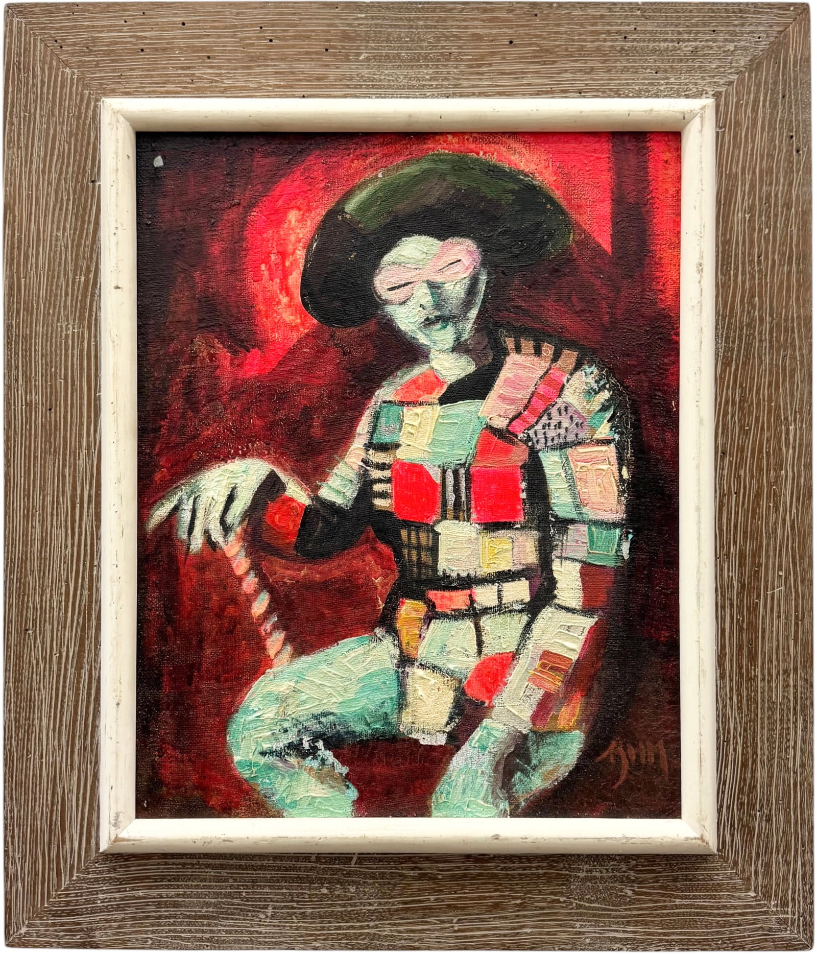 Mid-Century Expressionist Seated Harlequin Clown Oil Painting, Indistinctly Signed (1 of 3)