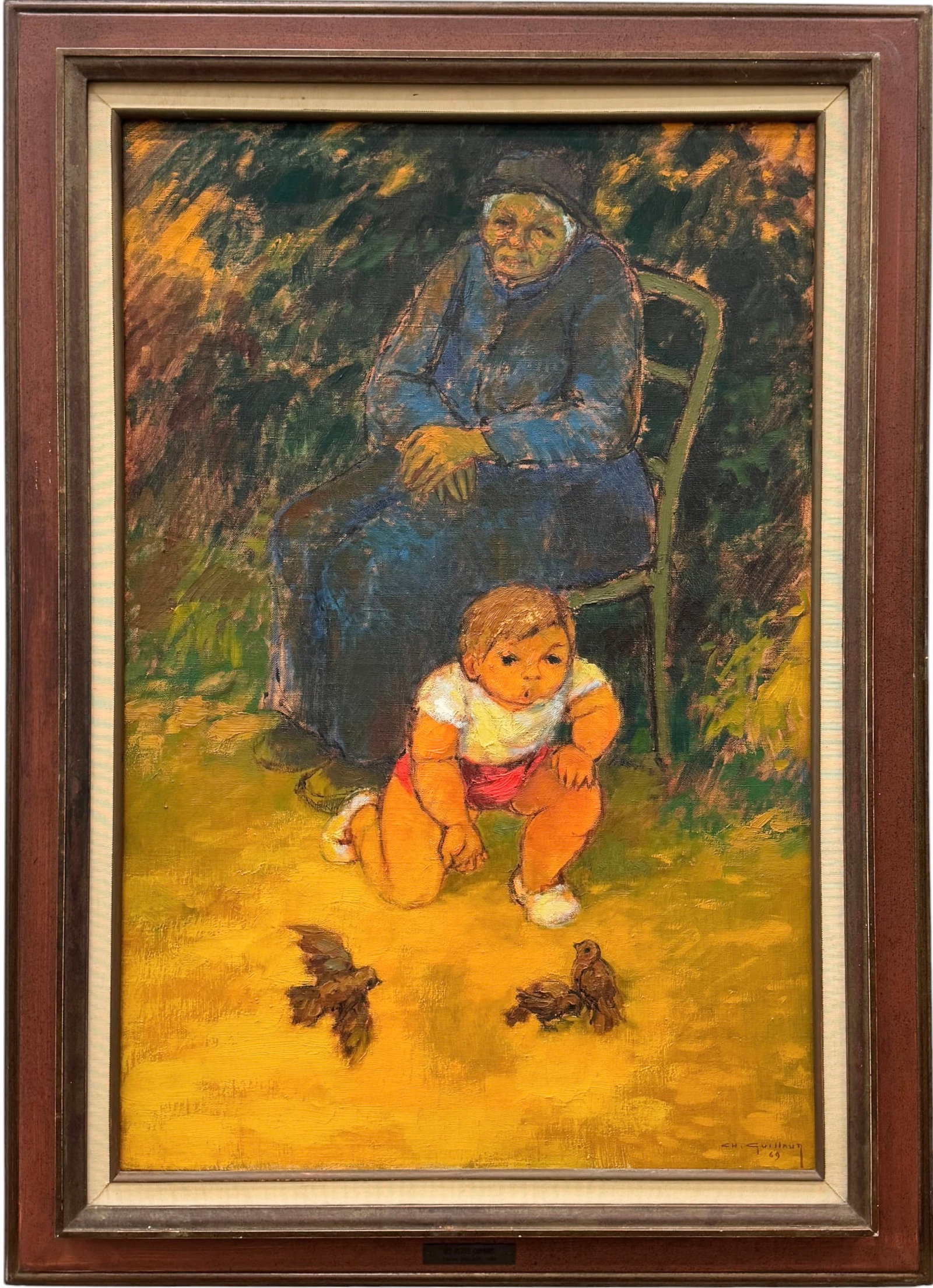 CHARLES GUILLAUD (1925-2014, French) Les Petits Copains, 1969: Oil painting on canvas 32 x 21 in, 39 x 28 in (framed). The brass title plaque confirms that this specific painting is titled "Les Petits Copains" (which translates to "The Little Friends" or "The Lit