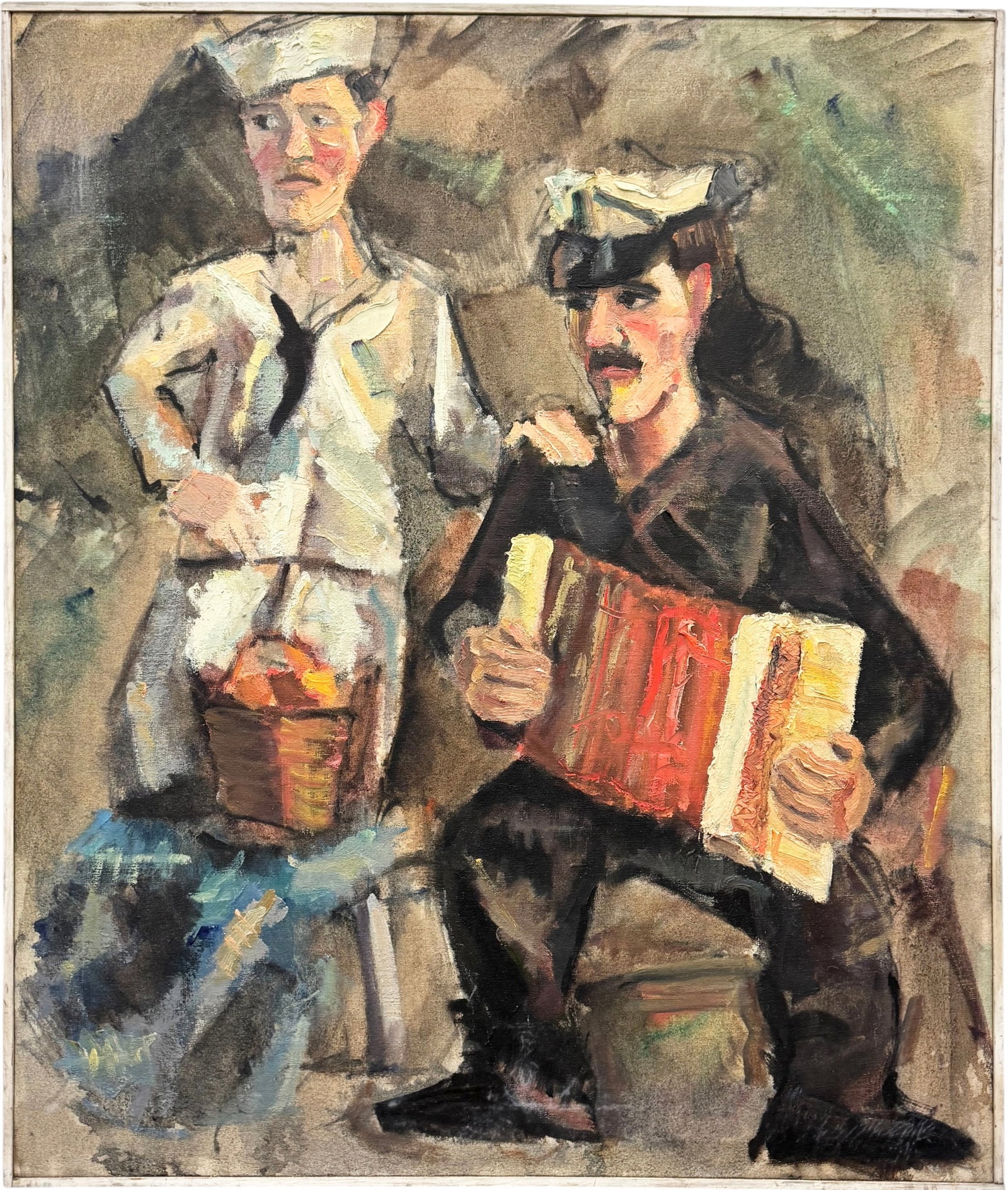 European School Expressionist Oil on Canvas, Two Sailors with Accordion: Oil painting on canvas 25 1/2 x 21 1/2 in