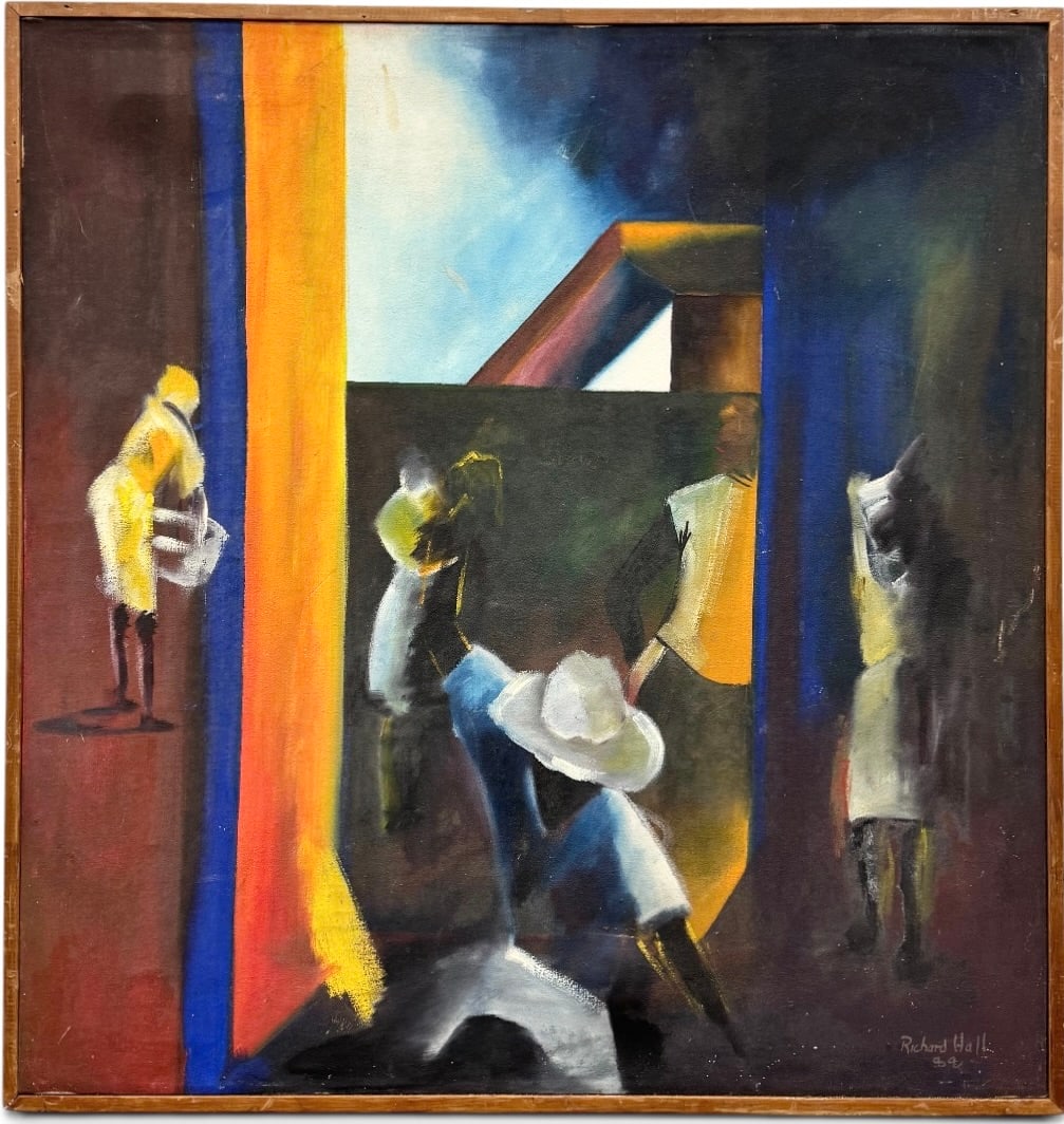 RICHARD HALL (b. 1966, Jamaica) Caribbean Modernism, Cubist-influenced Abstract Figurative: Oil painting on canvas 28 1/2 x 17 in. Richard Hall is an established contemporary Jamaican painter born in 1966. He is widely recognized for his colorful figurative abstractions that blend traditiona