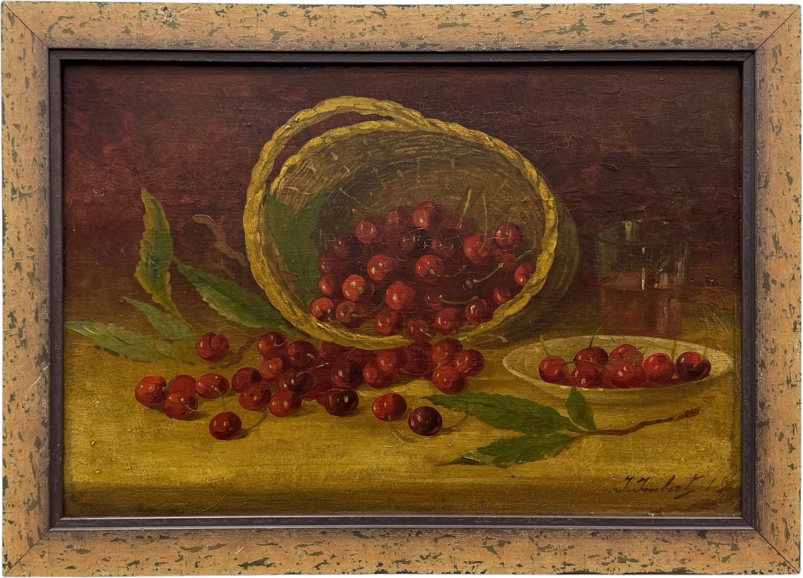 19th Century Continental School, Still Life Of Cherrys Signed Oil On Wood Panel: Oil painting on wood 19 x 13 in, 22 x 16 in (framed). Signed lower right. Artist unknown